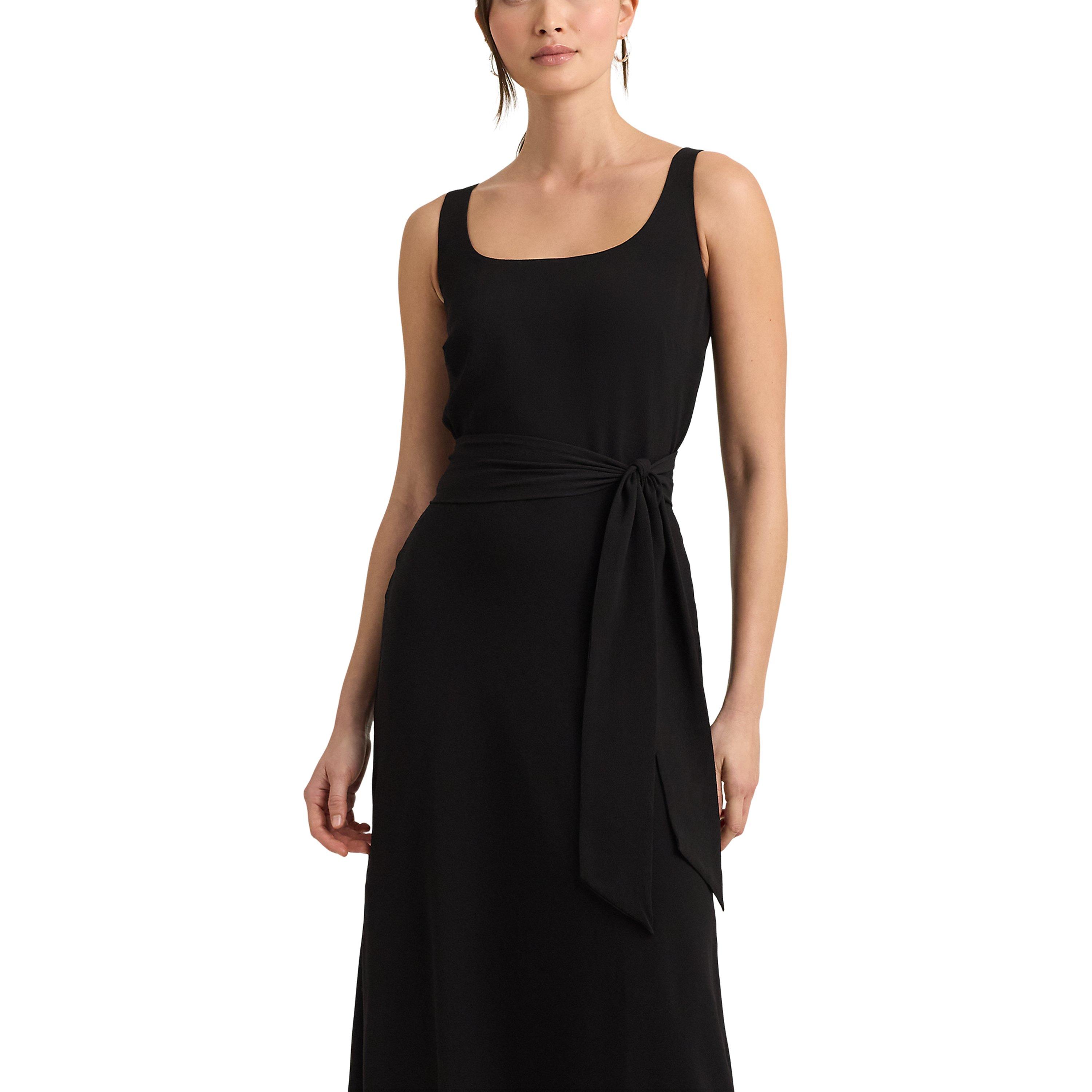 Black - Lauren by Ralph Lauren - Belted Crepe Sleeveless Dress - 3