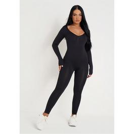 Missy Empire Amelia Black Seamless Long Sleeve Plunge Jumpsuit