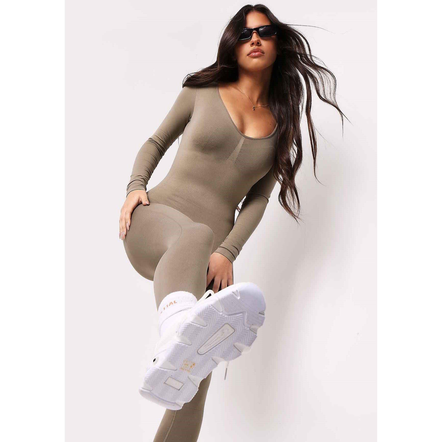 Olive - Missy Empire - Seamless Long Sleeve Plunge Jumpsuit Womens - 3