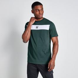 11 Degrees 11D Cut and Sew Panelled T Shirt Darkest Spruce Green   White