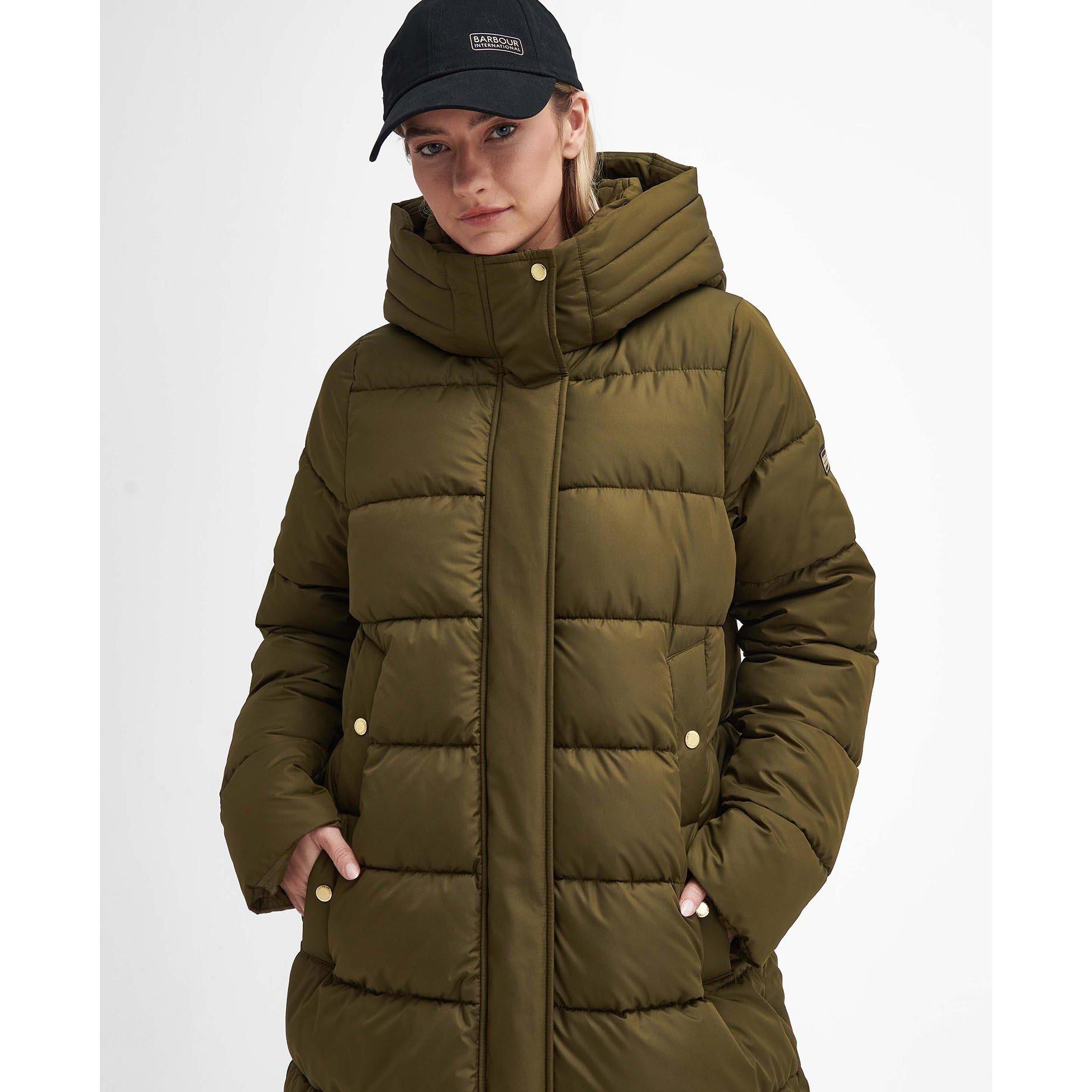 Empire Green - Barbour International - Women's Barron Quilted Funnel Collar Long Puffer Jacket - 4