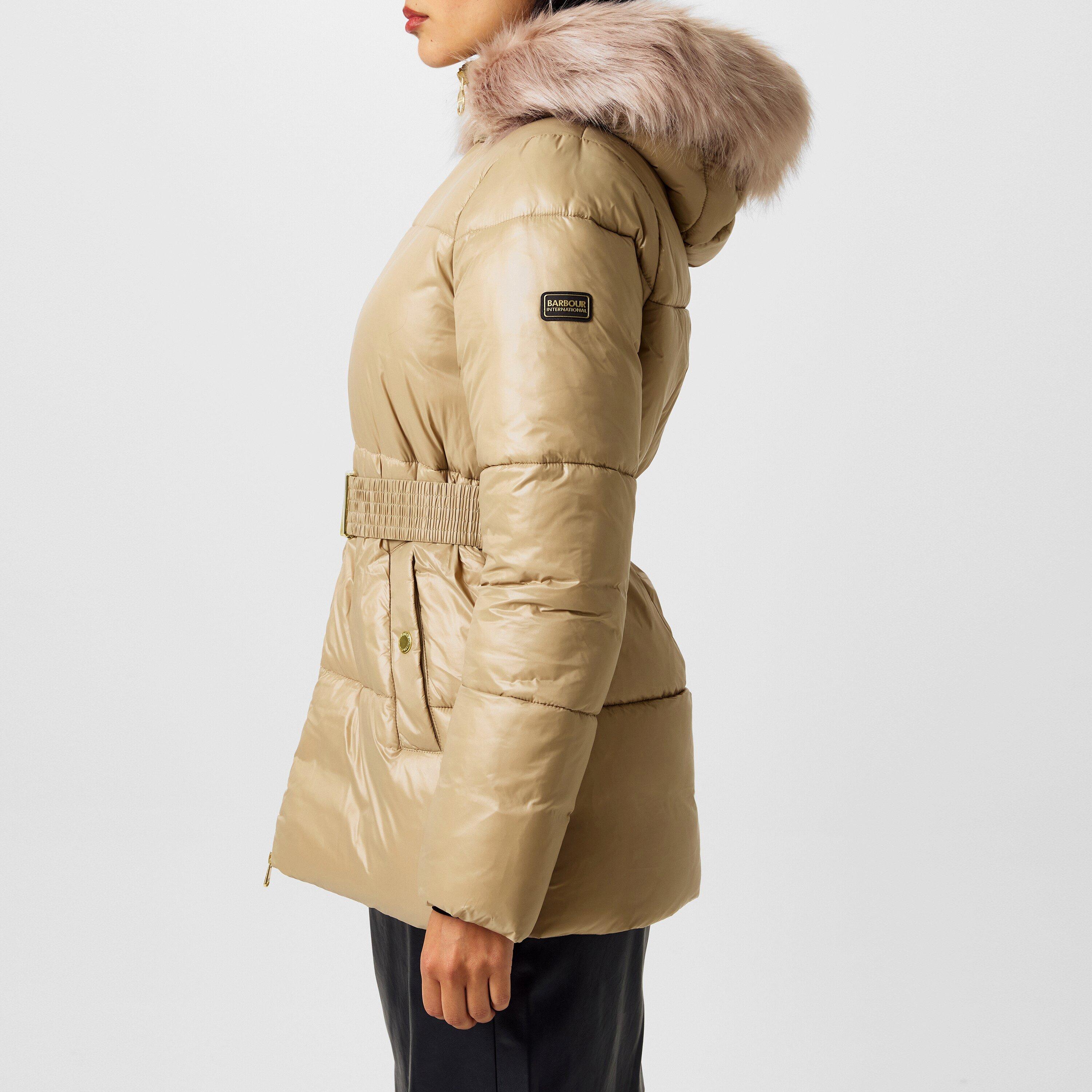 Light Trench - Barbour International - Women's Saskia Faux Fur Hood Long Sleeve Short Puffer Jacket - 2