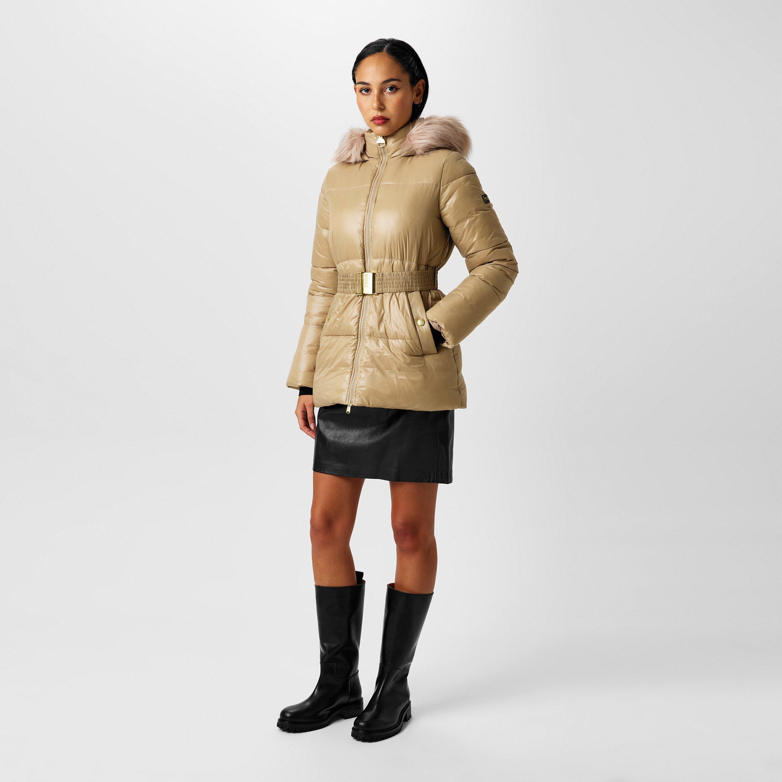 Light Trench - Barbour International - Women's Saskia Faux Fur Hood Long Sleeve Short Puffer Jacket - 4
