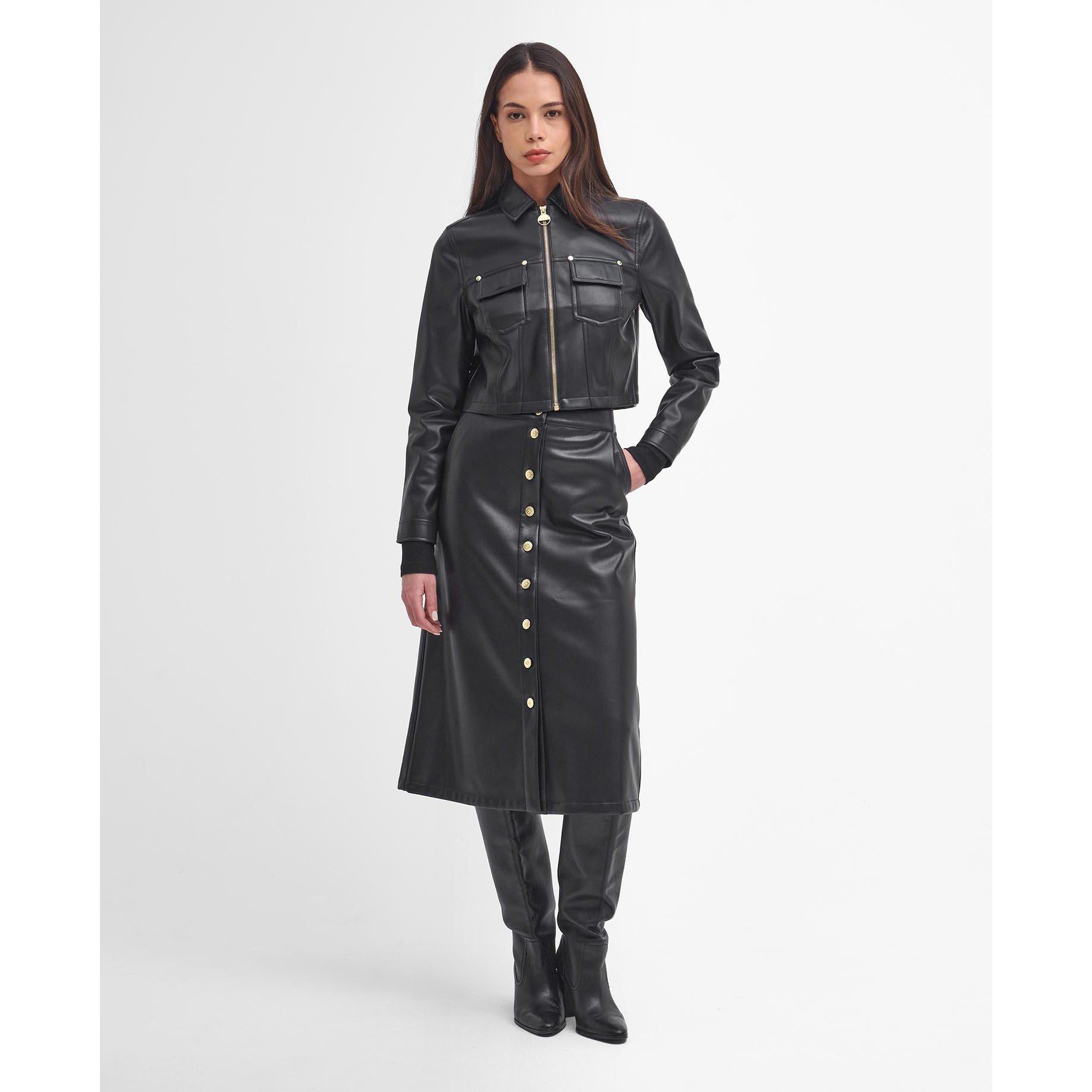 barbour leather dress BARBOUR Aria Short Sleeve Faux Leather Midi Dress