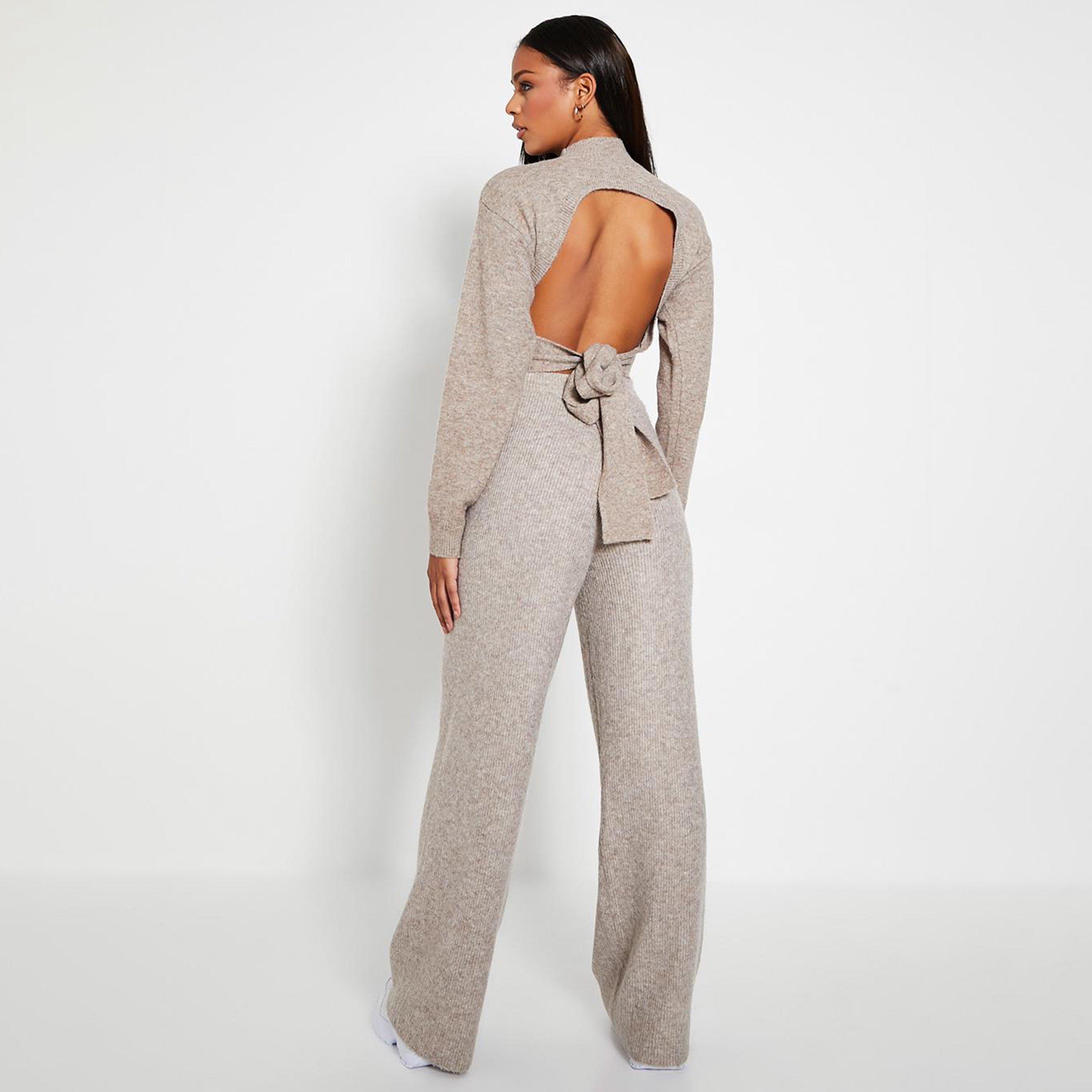 Mocha - I Saw It First - ISAWITFIRST Recycled Blend Tie Back Cosy Knit Cropped Jumper - 4