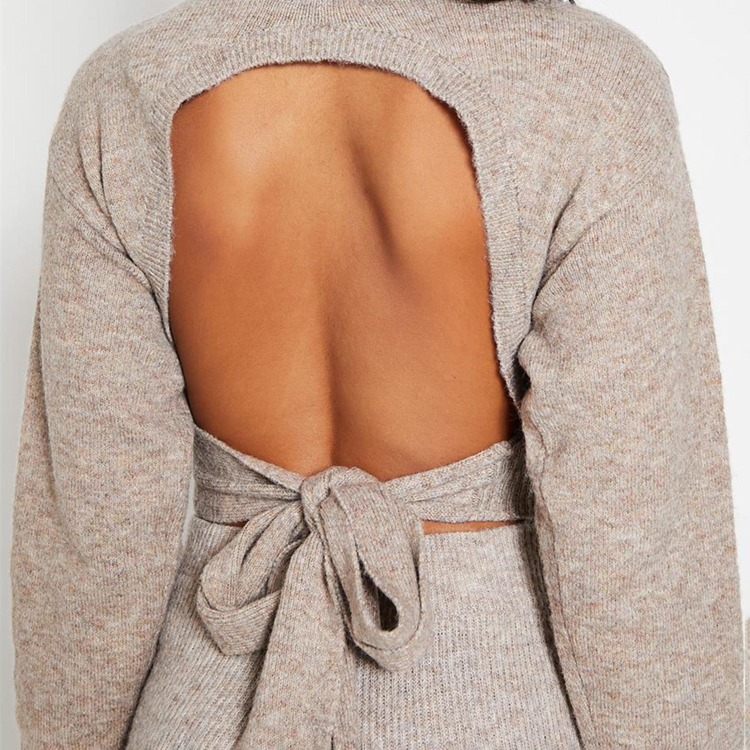 Mocha - I Saw It First - ISAWITFIRST Recycled Blend Tie Back Cosy Knit Cropped Jumper - 5