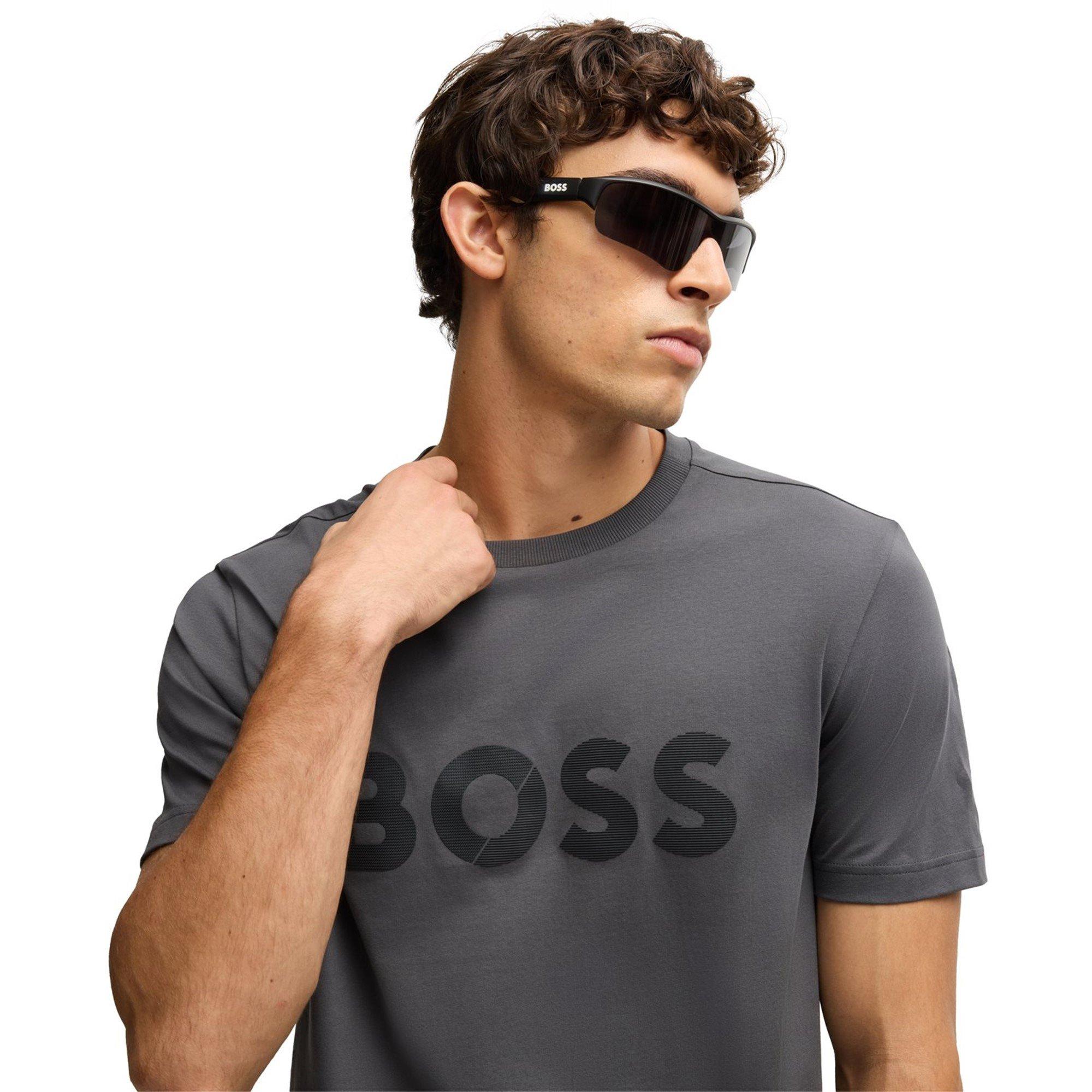 Dark Grey 027 - Boss - Men's Tape Logo Cotton T-Shirt - 4