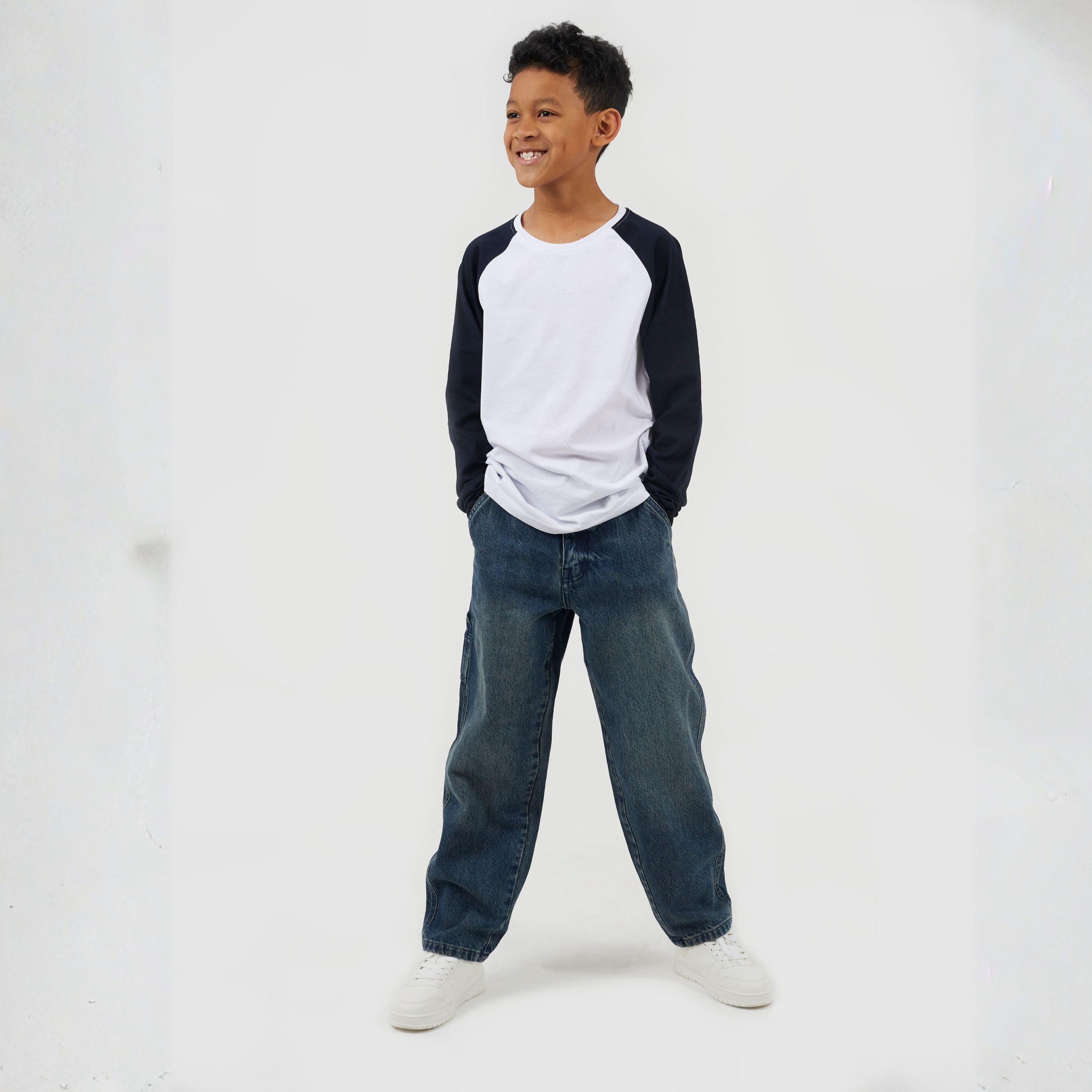 Blanco / Azul Marino - Brave Soul - Boys Long Sleeve Crew Neck Tee with Contrast Raglan Sleeves - 4