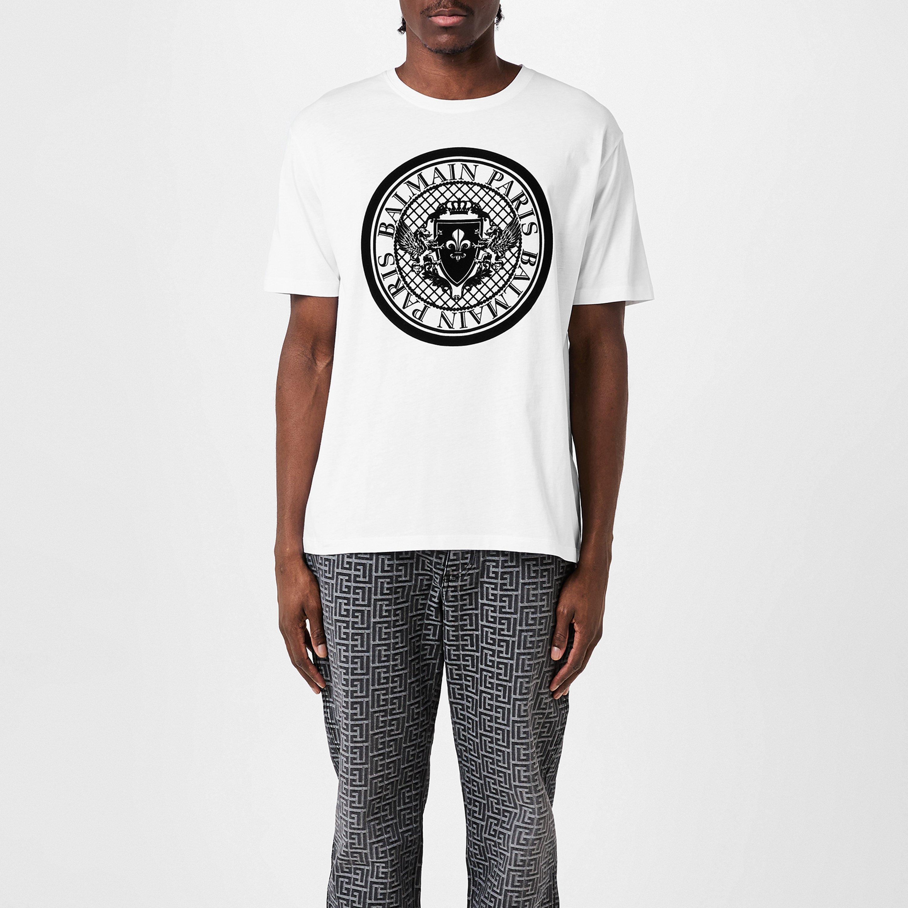 BALMAIN フロックコインクルネックTシャツ XH1EG000BB17 EAB Buy Balmain Coin Flock T-Shirt 'Blanc/Noir' - XH1EG000BB17