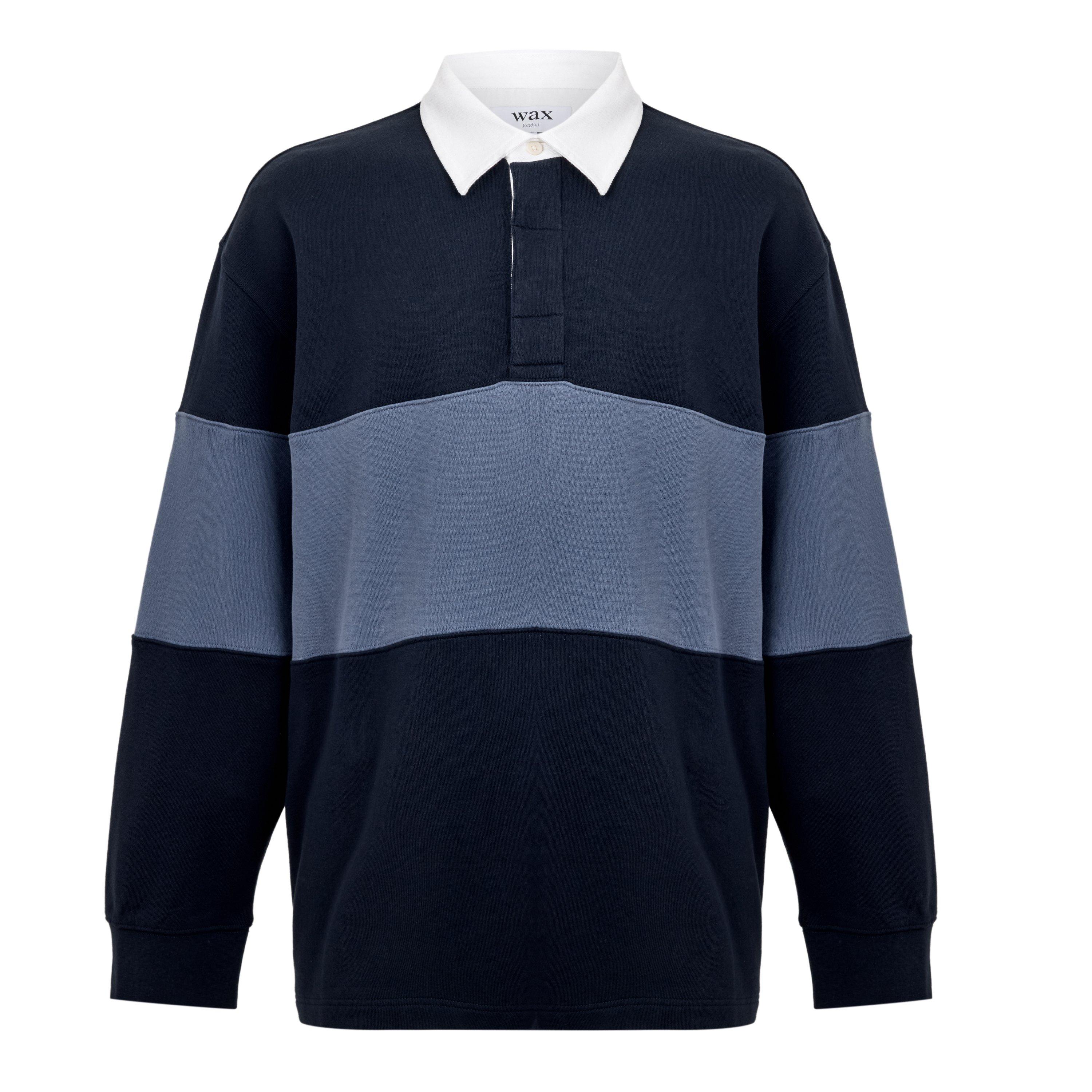 NAVY - Wax London - Men's Rowhill Striped Cotton Long-Sleeve Rugby Shirt - 1