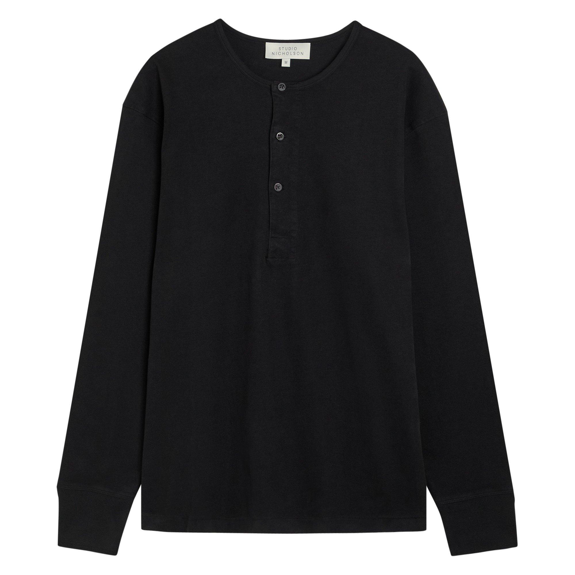 BLACK - Studio Nicholson - Men's Henley Cotton Long-Sleeve T-Shirt