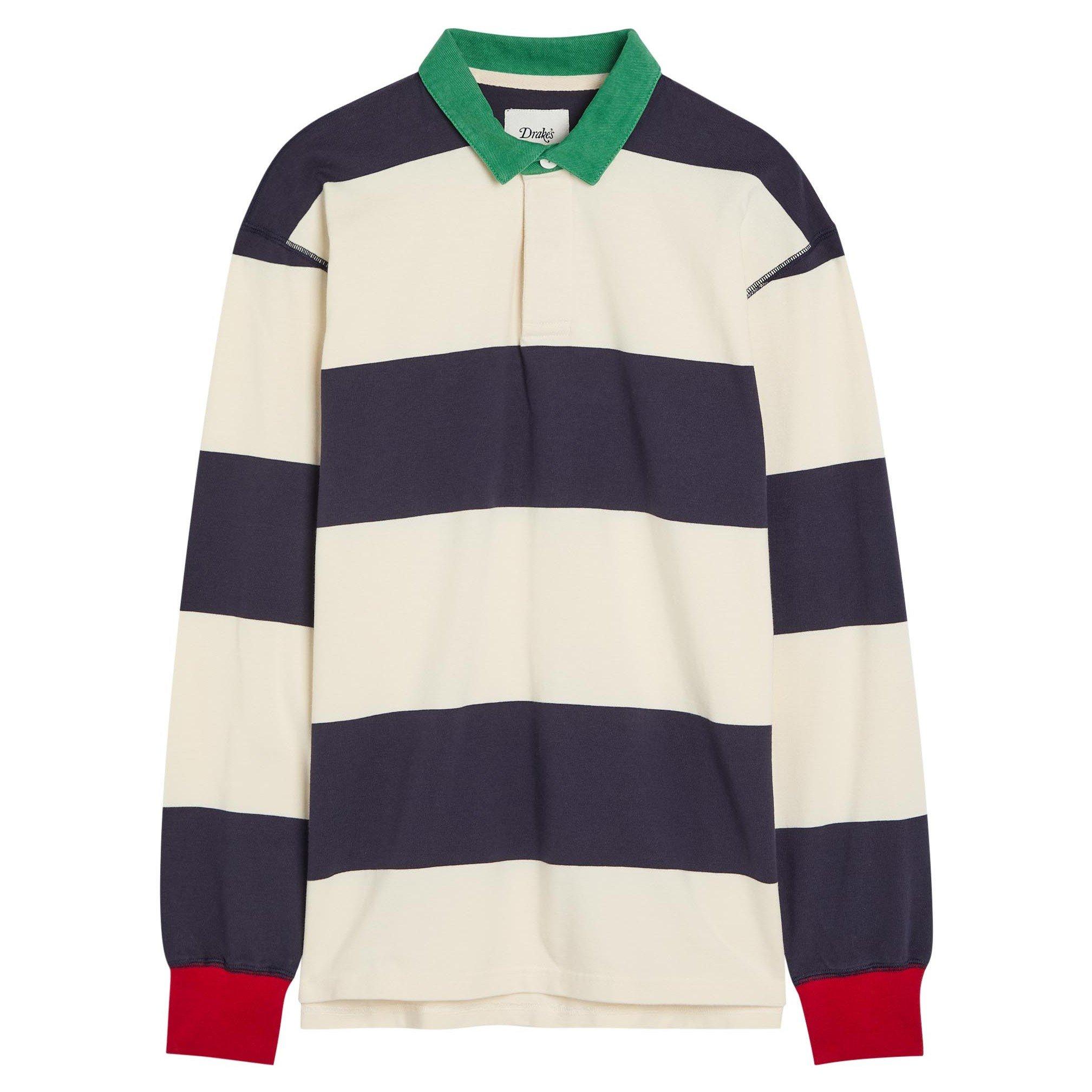 WHITE AND OTHER - Drakes - Men's Long-Sleeve Striped Cotton Polo Shirt - 1
