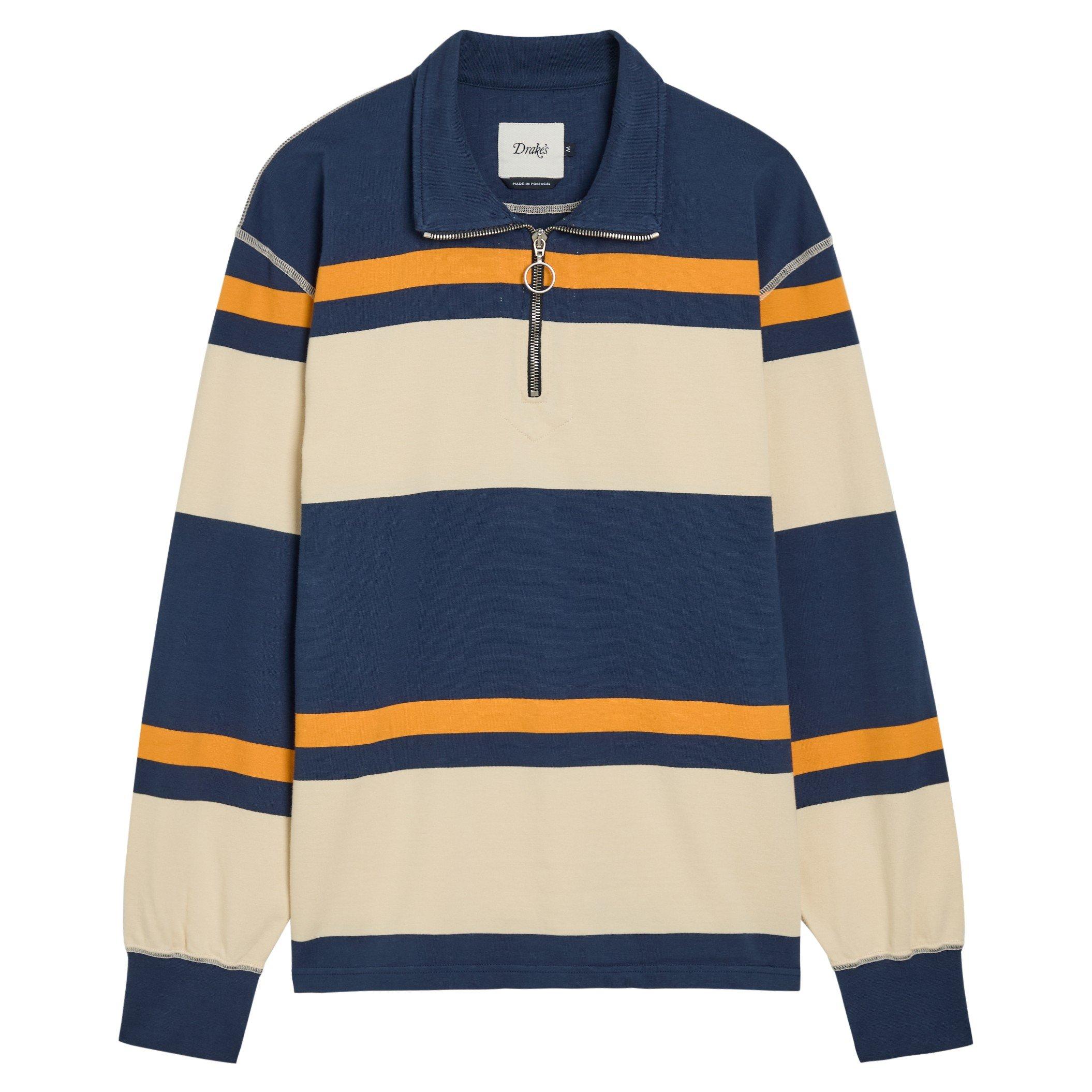 NAVY AND OTHER - Drakes - DRA SWEAT POLO 1/4 ZIP STRPE