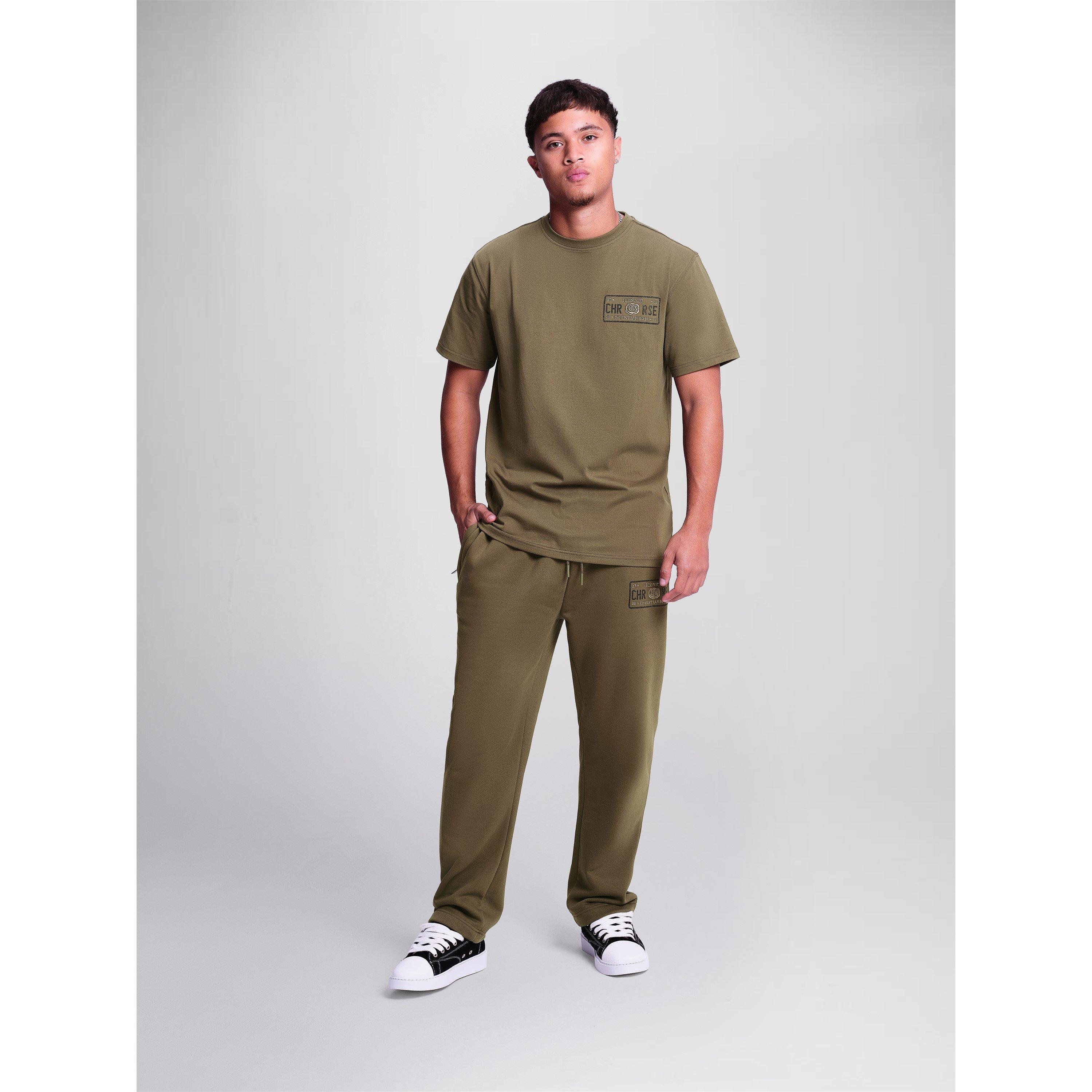Olijf - Christian Rose - Men's Left Chest Rhinestone Plate Cotton Oversized-Fit T-Shirt - 3