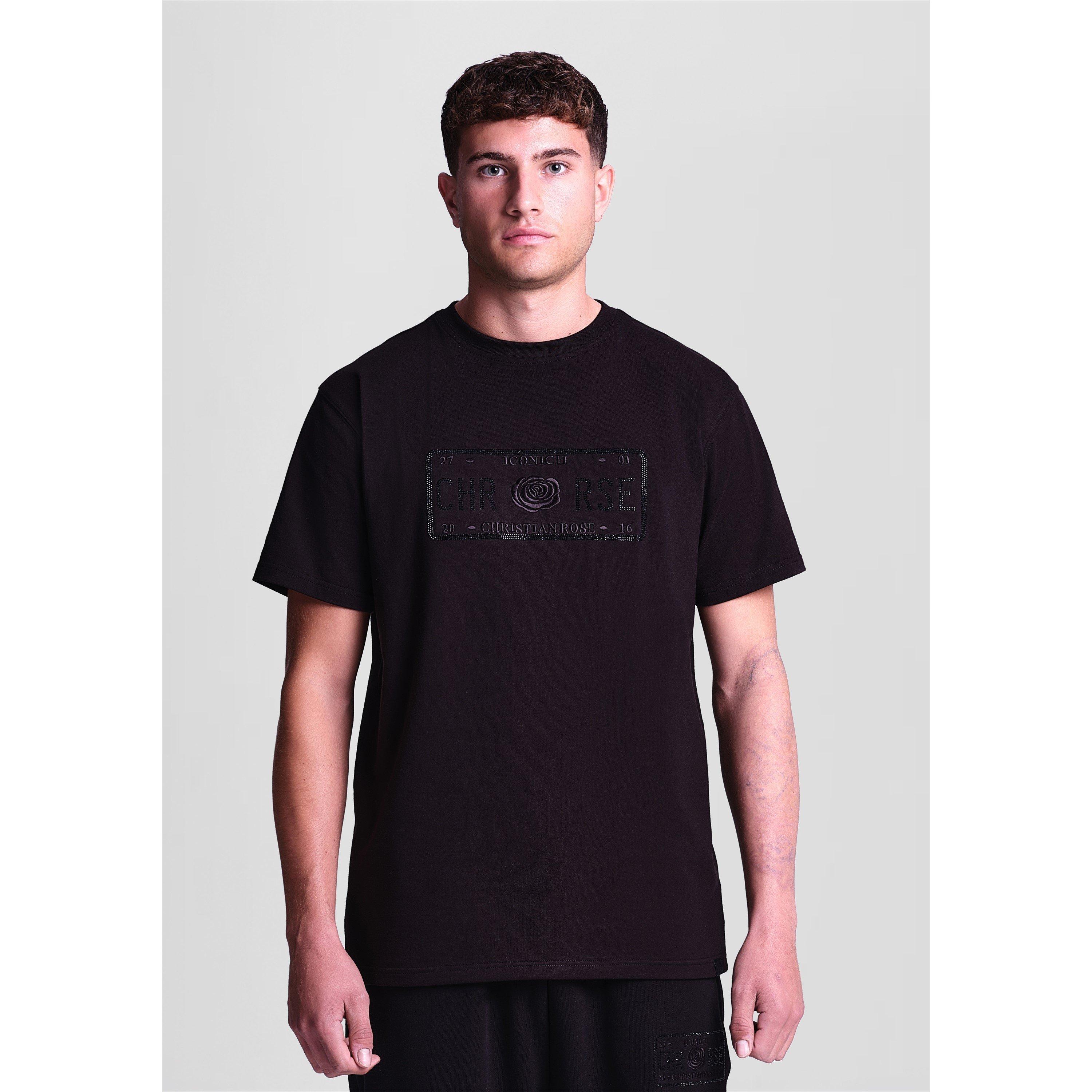 Zwart - Christian Rose - Men's Big Chest Rhinestone Plate Cotton Short-Sleeve Oversized T-Shirt - 3