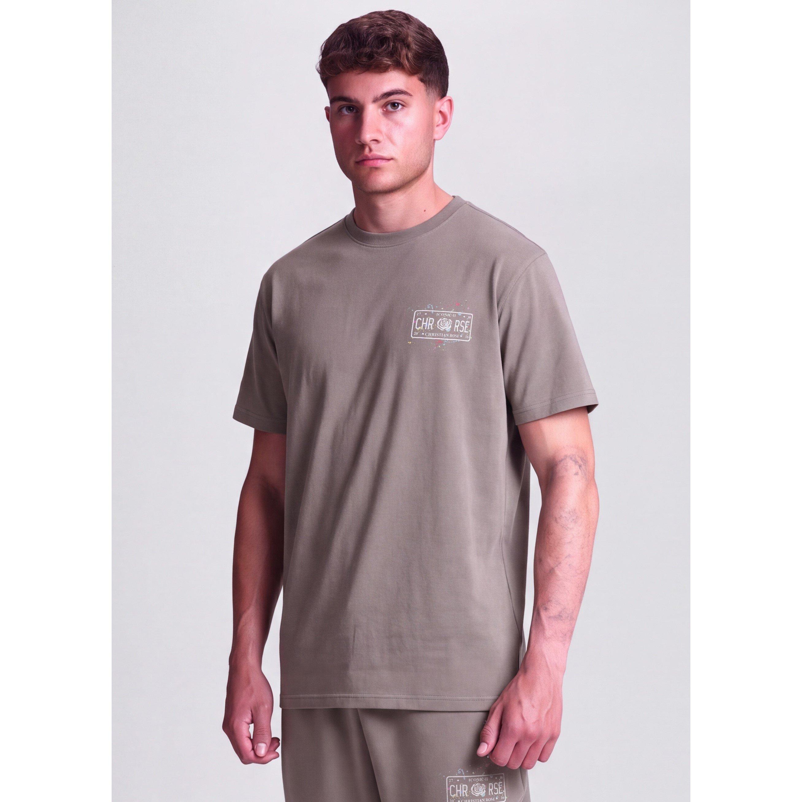 Grey - Christian Rose - Men's Left-Chest Paint-Splat Plate Cotton Oversized-Fit T-Shirt - 3