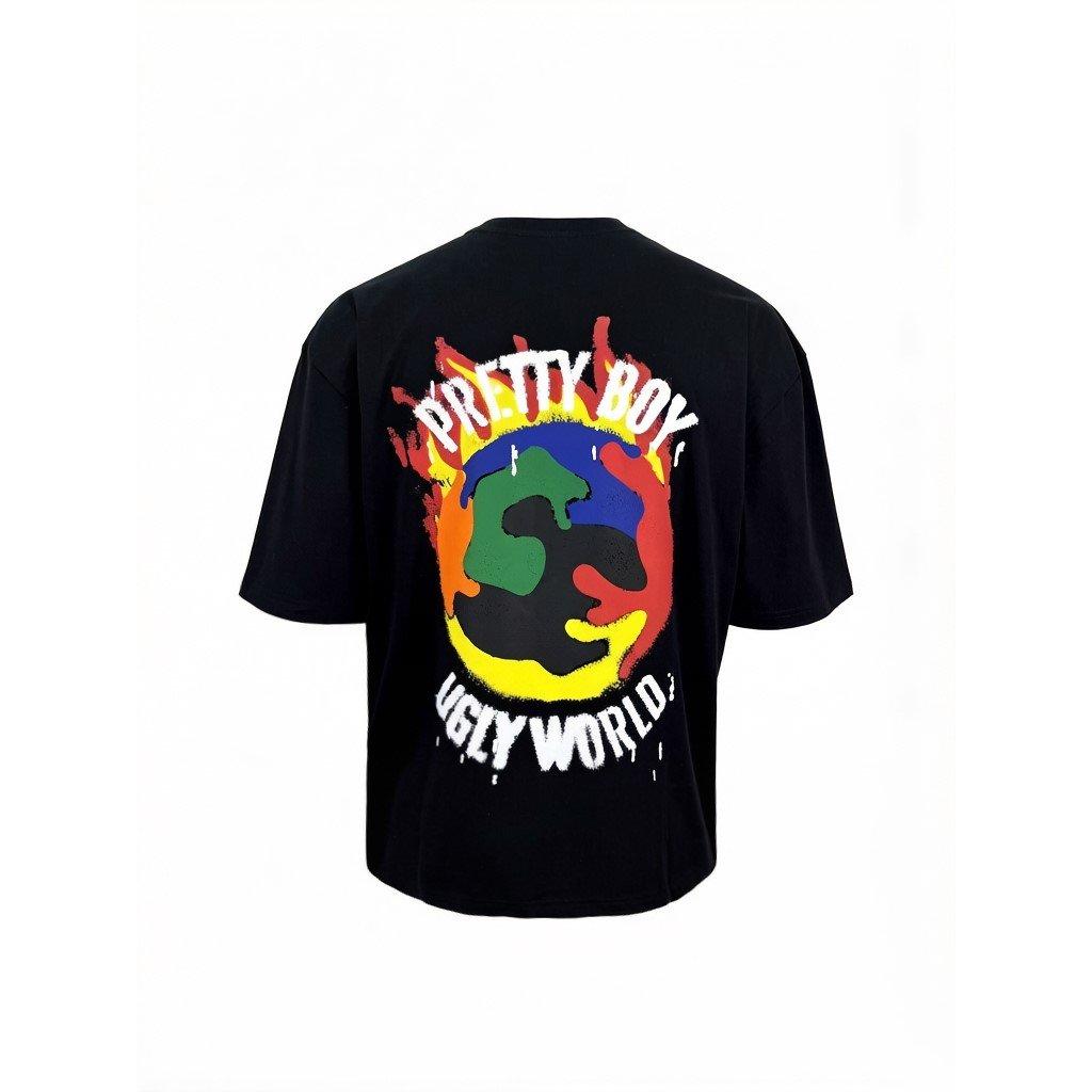 Black - Pretty Boy Ugly World - The Pretty Boy Ugly World Cotton Crew Neck Oversized Fit T-Shirt Mens - 3