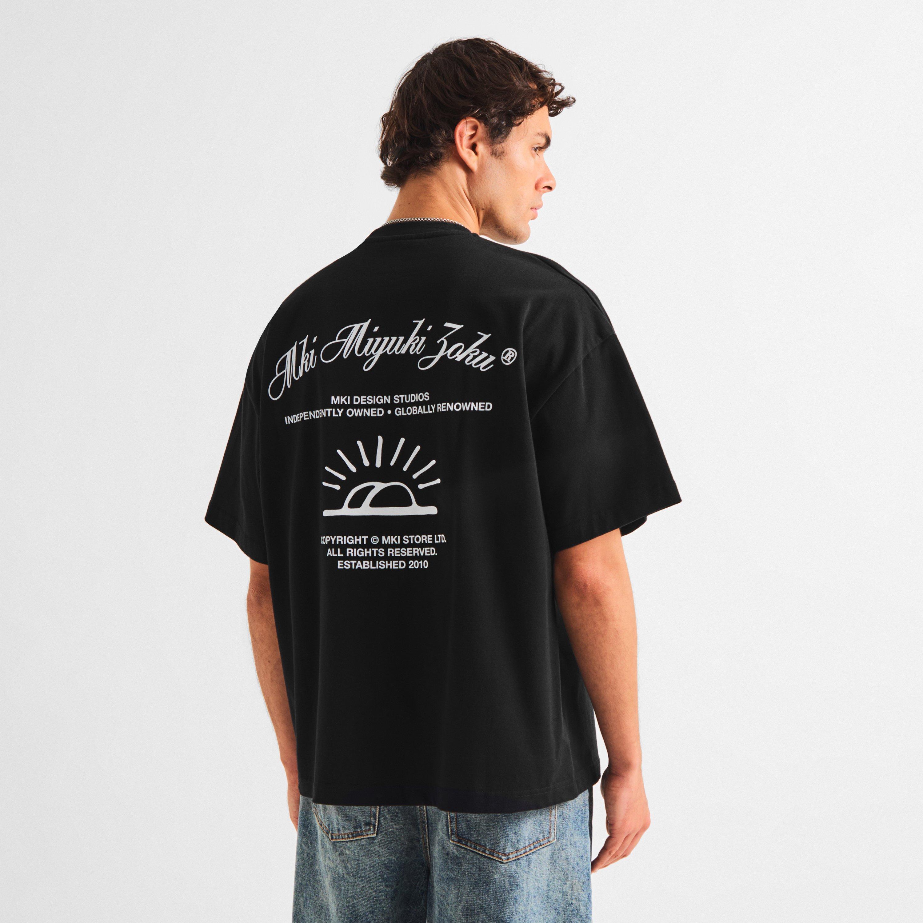 Black - MKI MIYUKI ZOKU - Men's Double Sun Graphic Cotton Oversized T-Shirt - 4