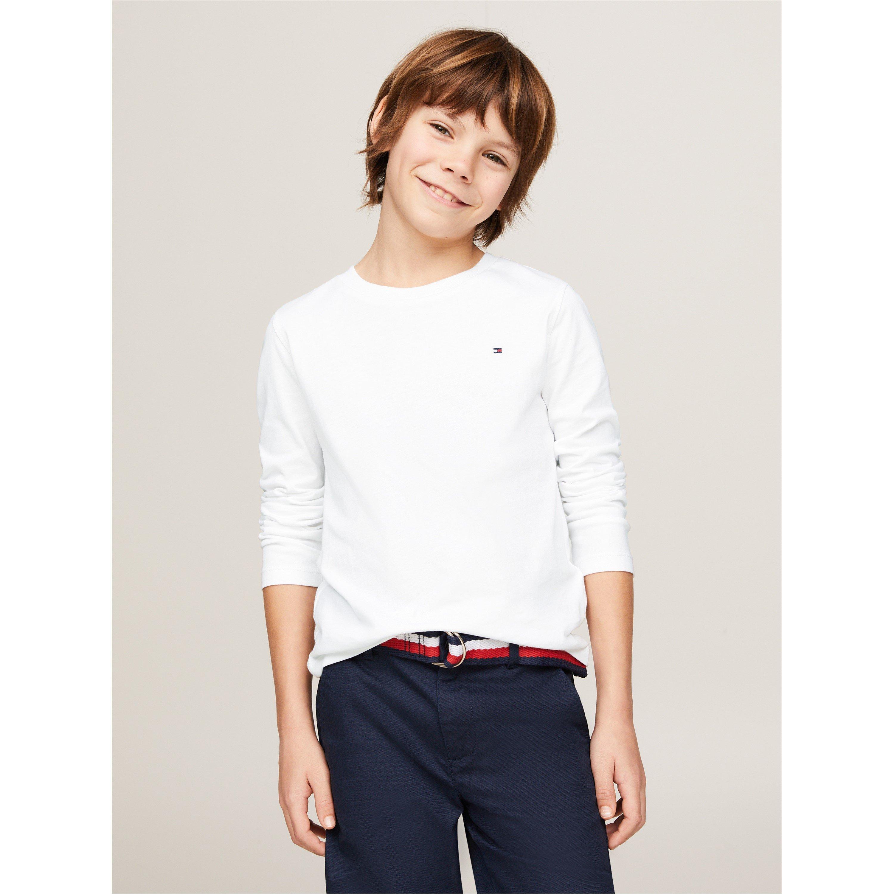 Tommy Hilfiger Boys Kids' Cotton Long-Sleeve Regular Fit T-Shirt - Bright White - 8Y