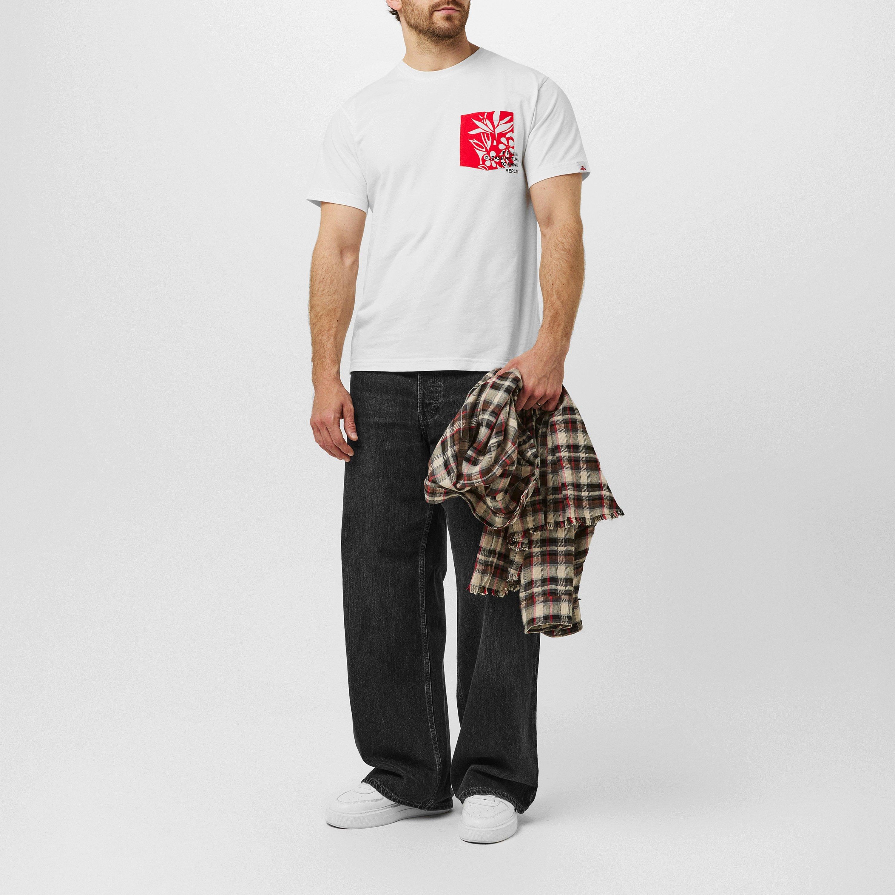 White - Replay - Men's Hawaiian Pocket Regular Fit T-Shirt - 6