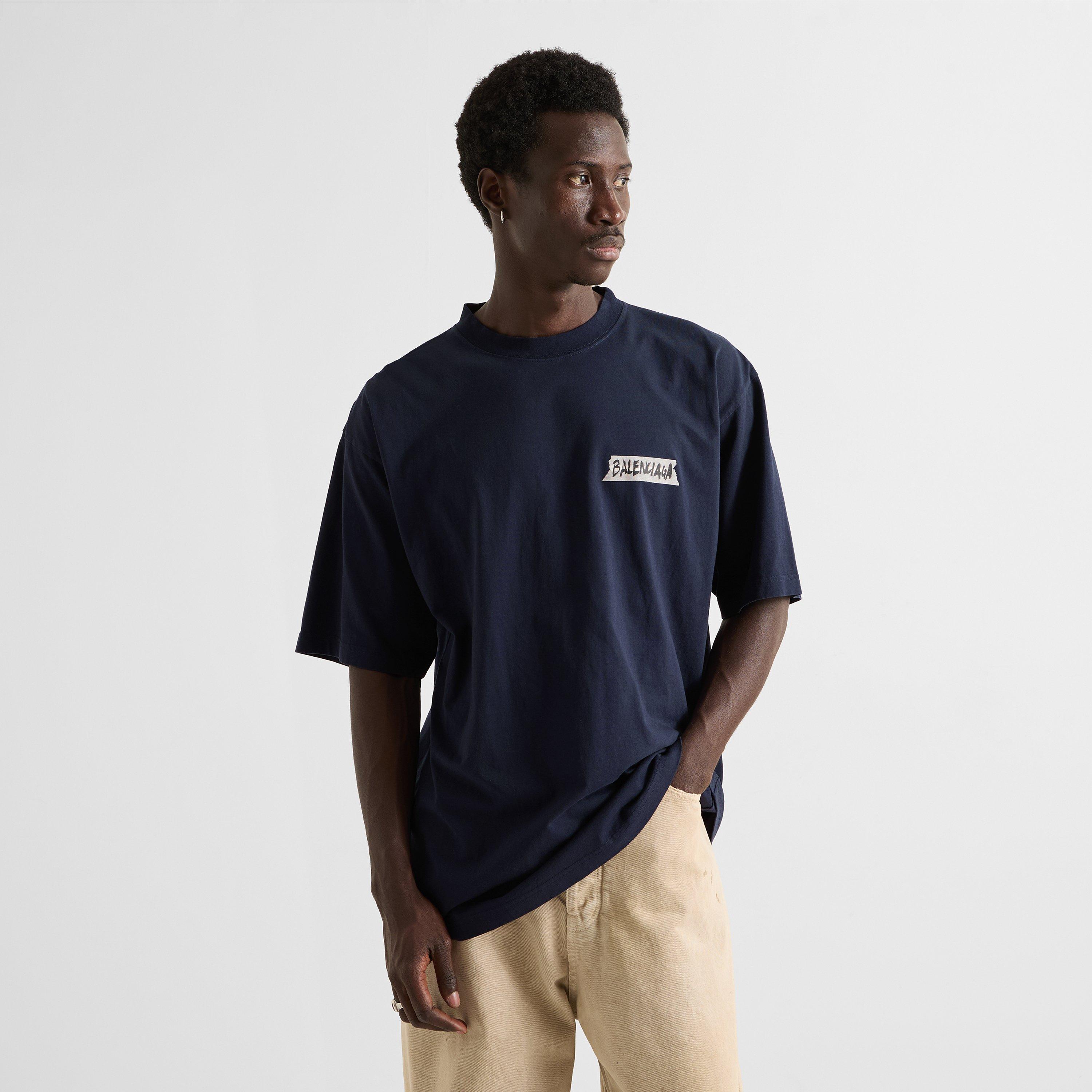 Navy - Balenciaga - Men's Tape Oversized Cotton T-Shirt - 3