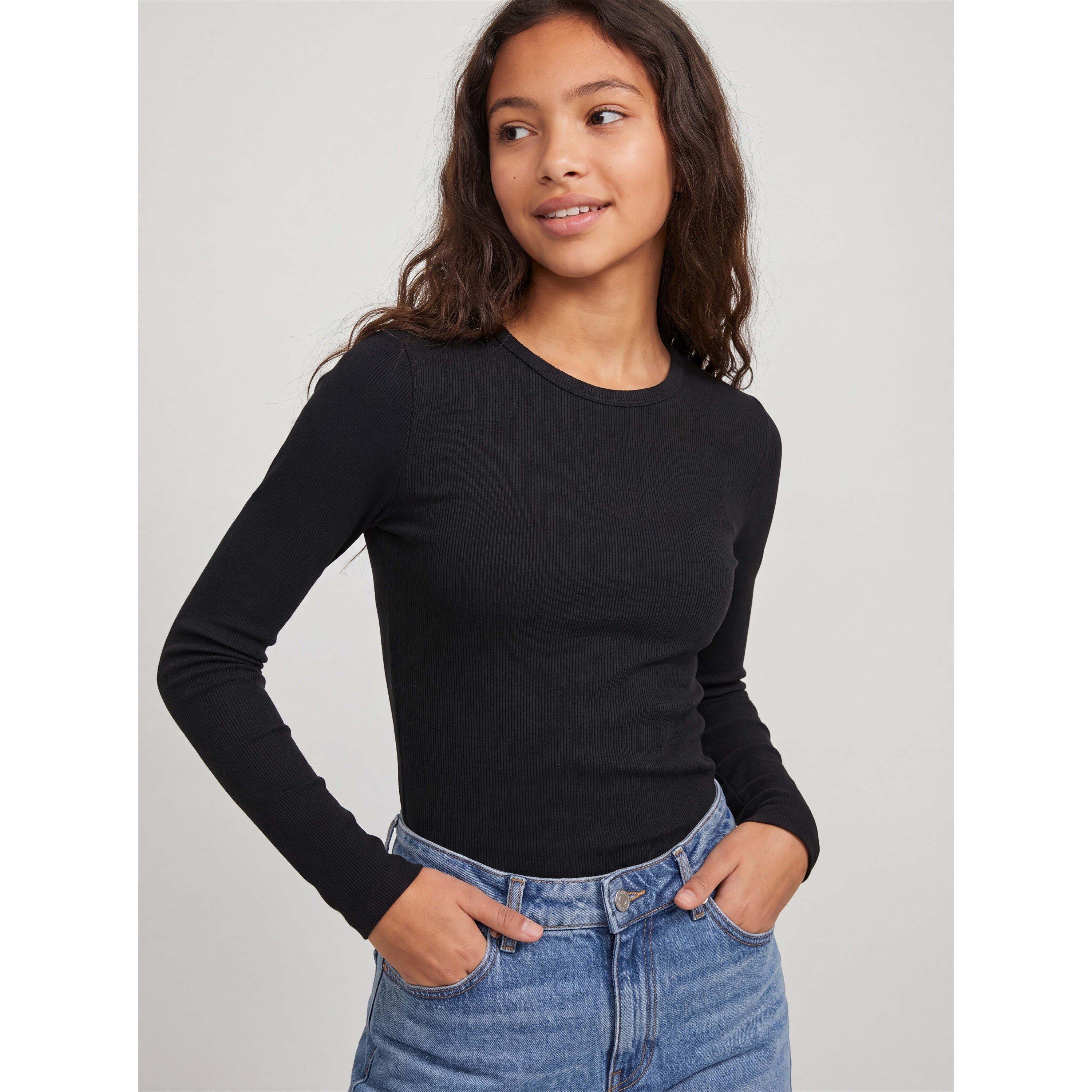 Black - JJXX - Kids' Freya Cotton Rib Long-Sleeve Slim-Fit T-Shirt - 7