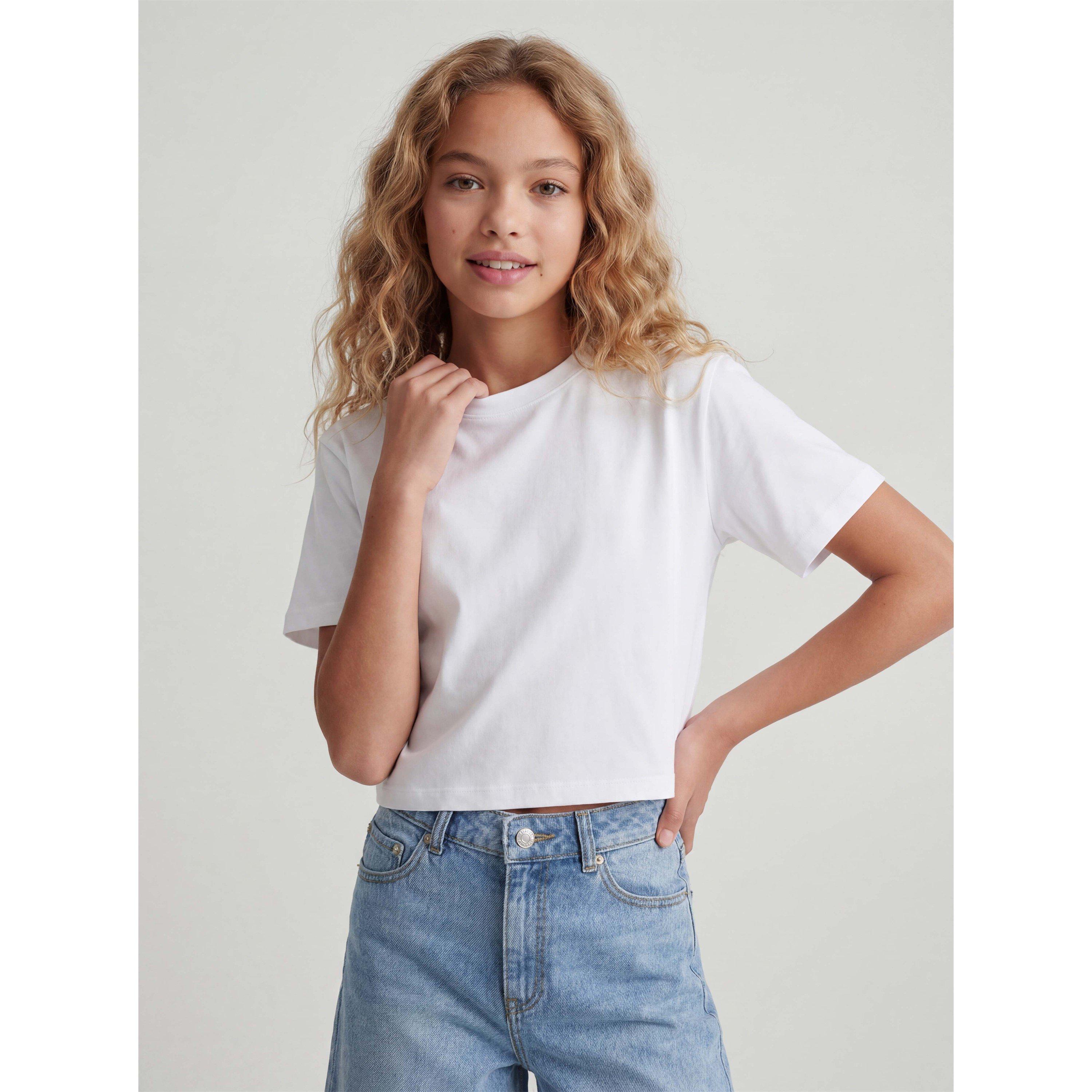 Bright White - JJXX - Kids' Andrea Cotton Short-Sleeve Cropped T-Shirt - 8