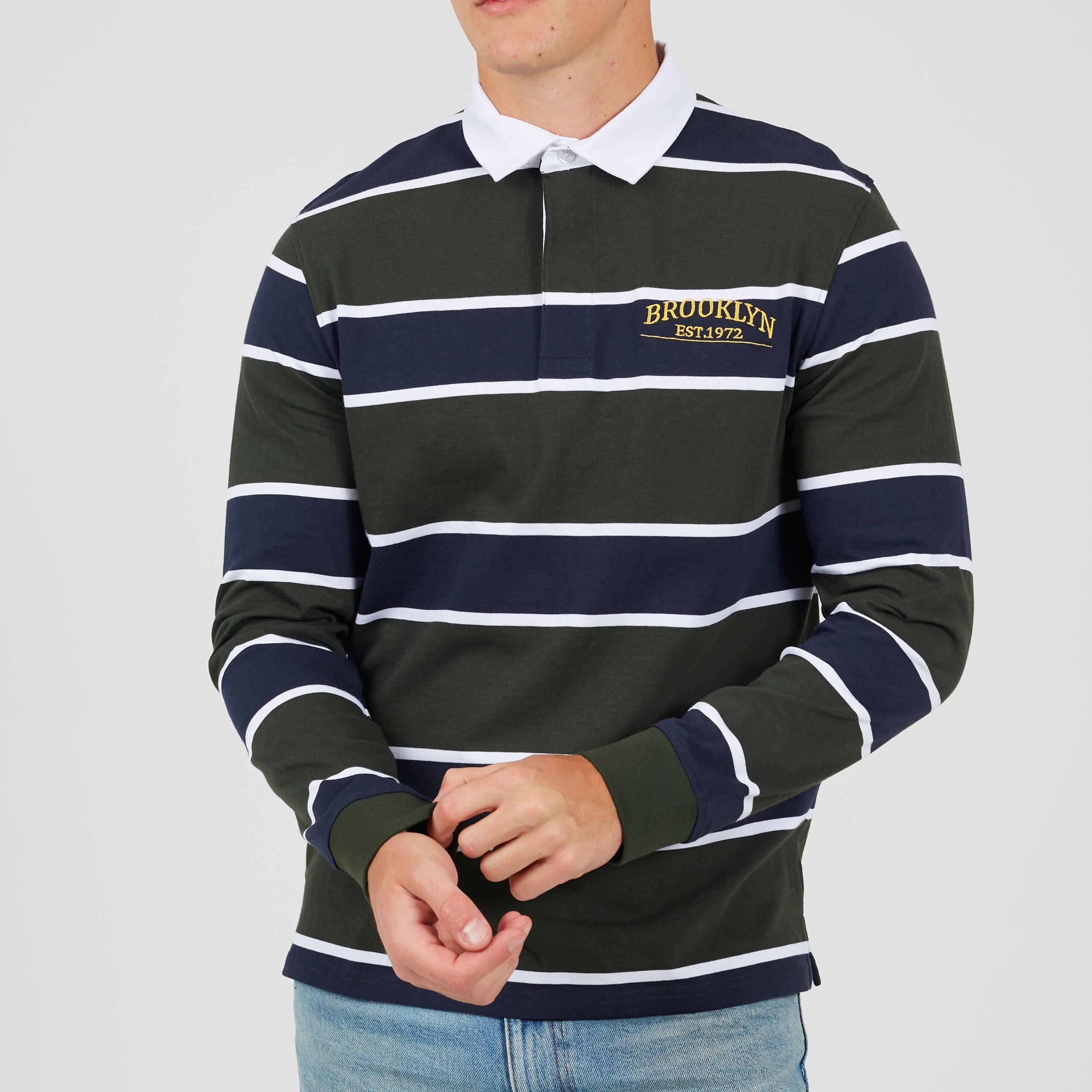 Brave Soul Long Sleeve Mens Striped Rugby Shirt with Chest Embroidery