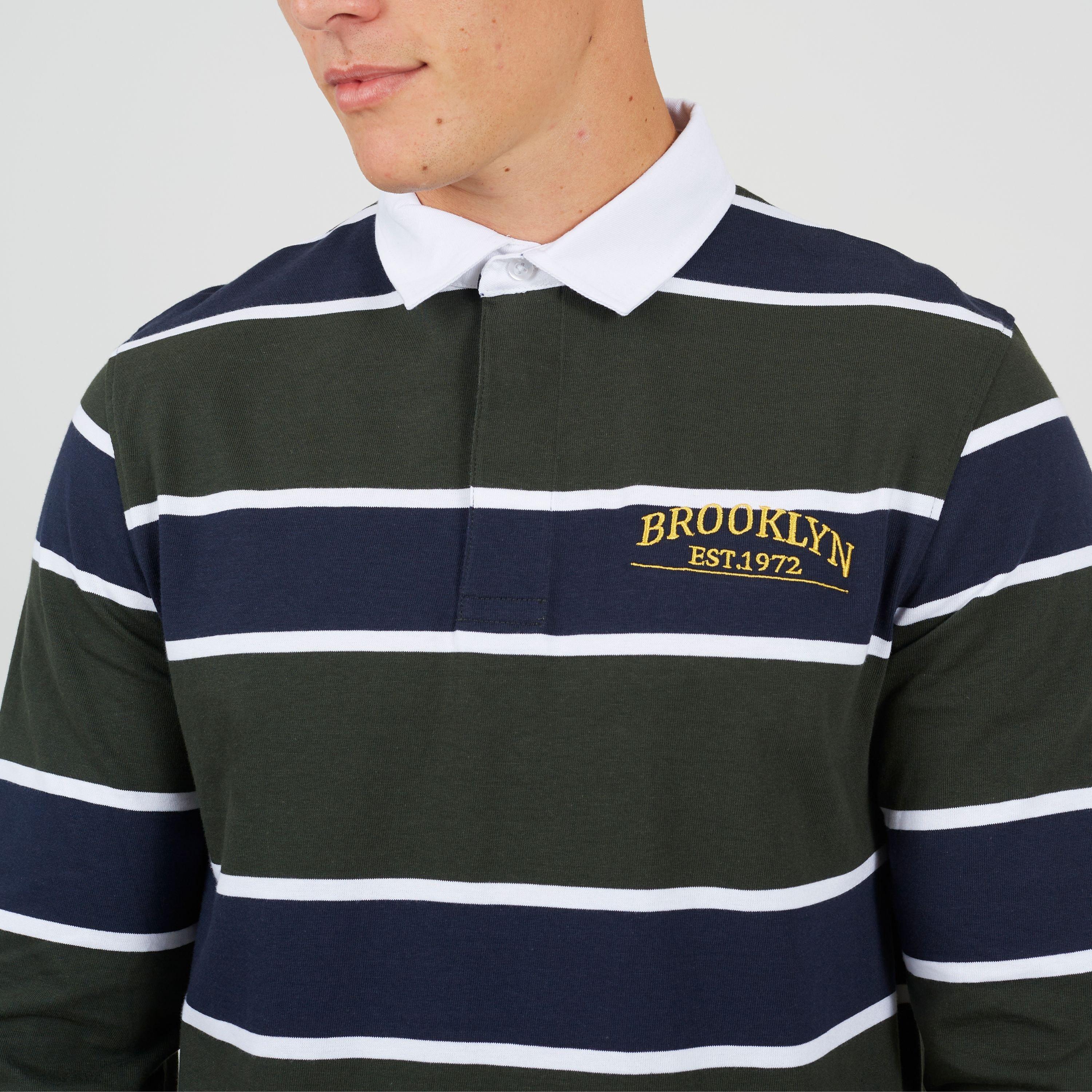 Hntr Green/Navy - Brave Soul - Long Sleeve Mens Striped Rugby Shirt with Chest Embroidery - 3