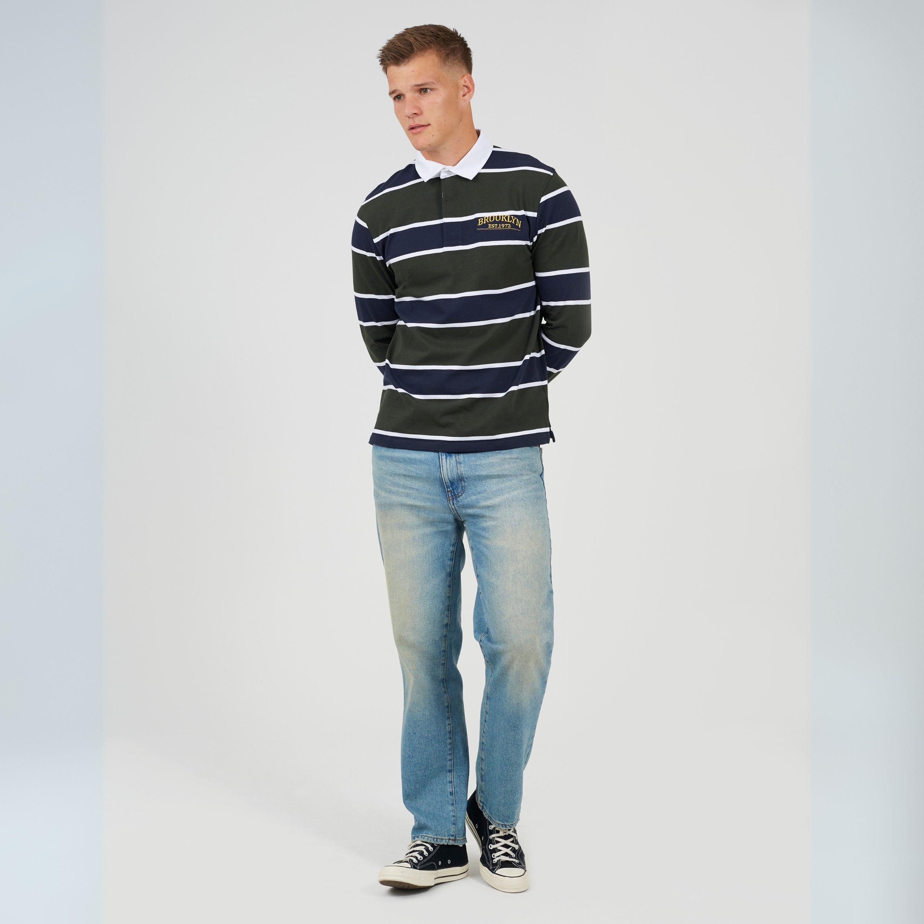 Hntr Green/Navy - Brave Soul - Long Sleeve Mens Striped Rugby Shirt with Chest Embroidery - 4