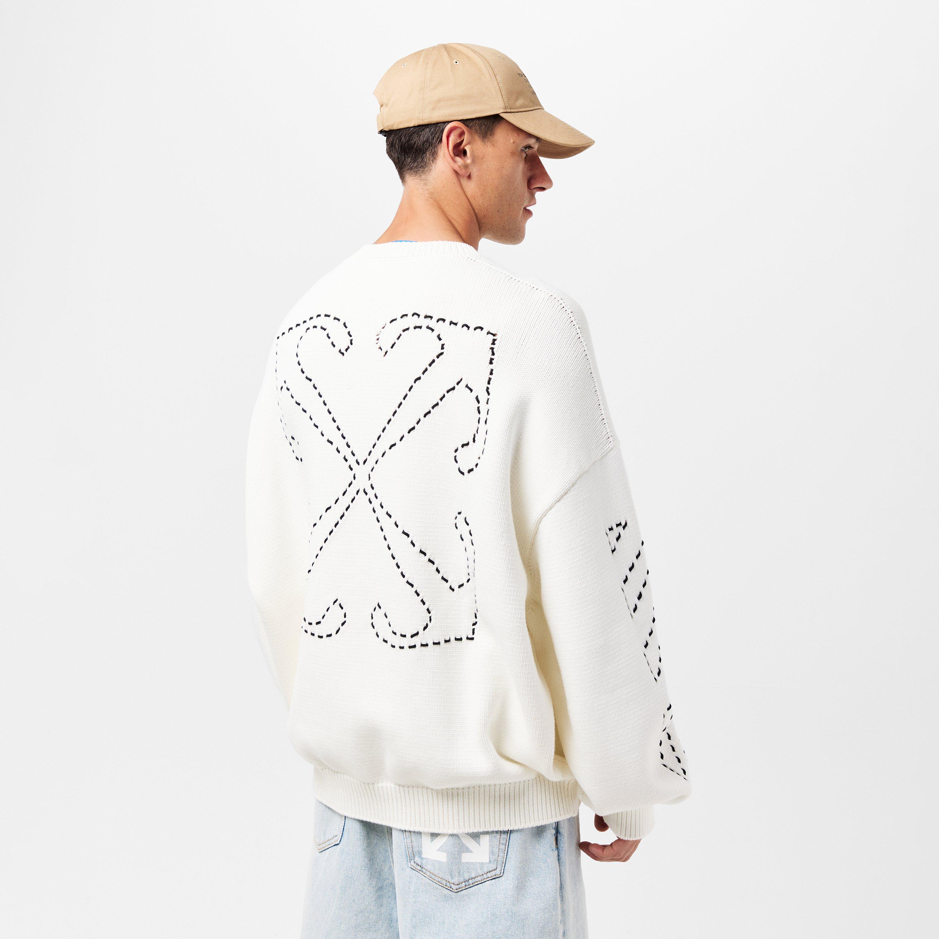 Cream /Black - Off White - Men's Arrows Cotton Long Sleeve Crew Neck Sweatshirt - 4