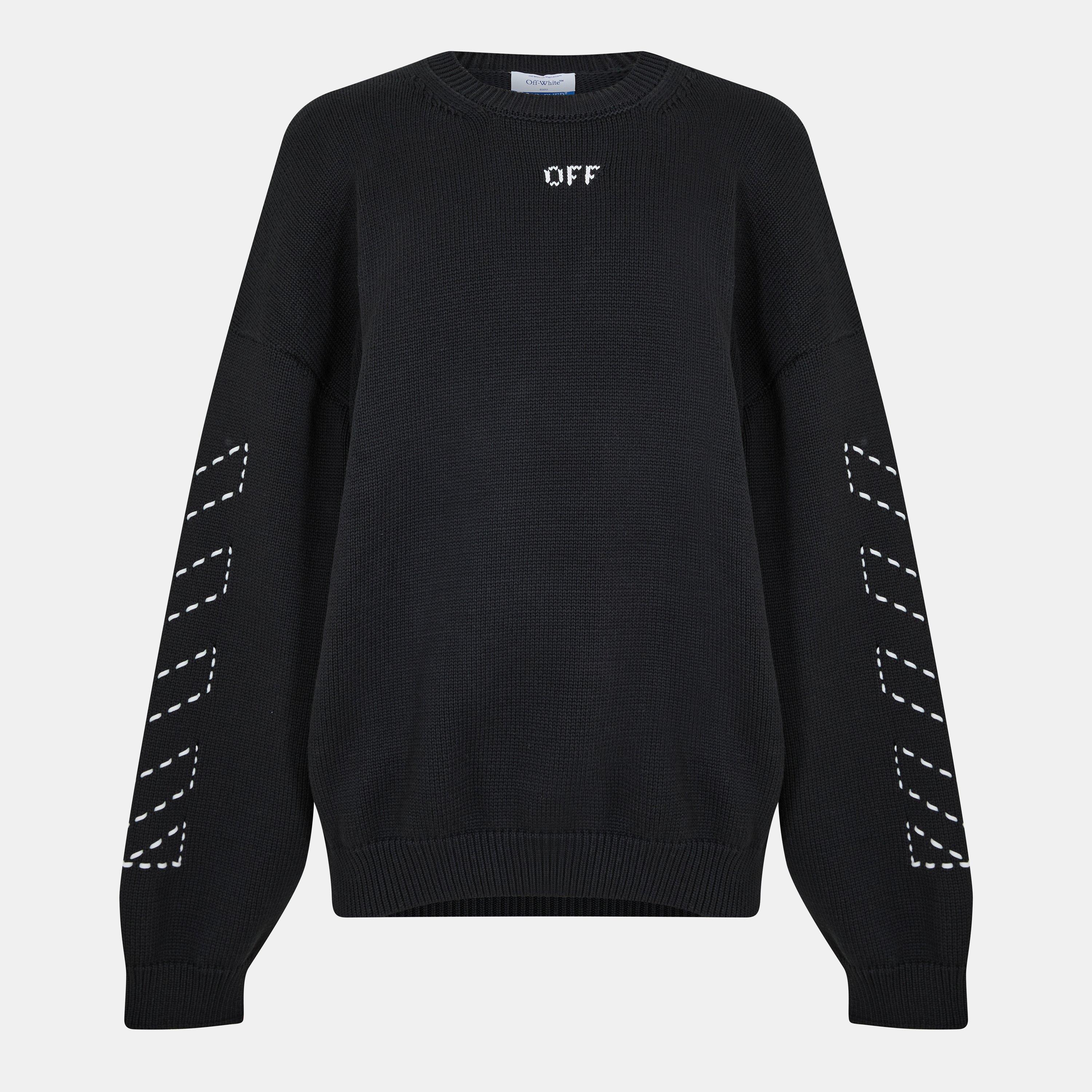 Black/Cream - Off White - Men's Arrows Cotton Long Sleeve Crew Neck Sweatshirt - 1
