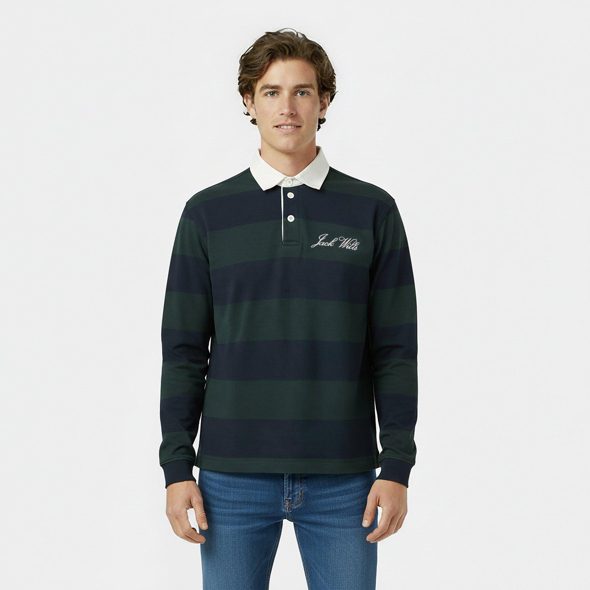 Pine/Navy - Jack Wills - Men's Cotton Long Sleeve Rugby Polo Shirt - 3