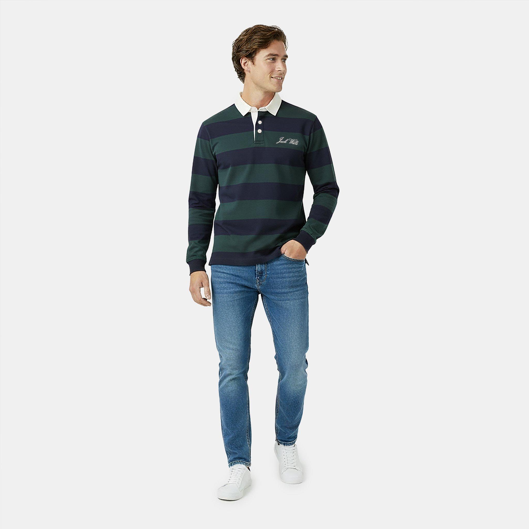 Pine/Navy - Jack Wills - Men's Cotton Long Sleeve Rugby Polo Shirt - 5
