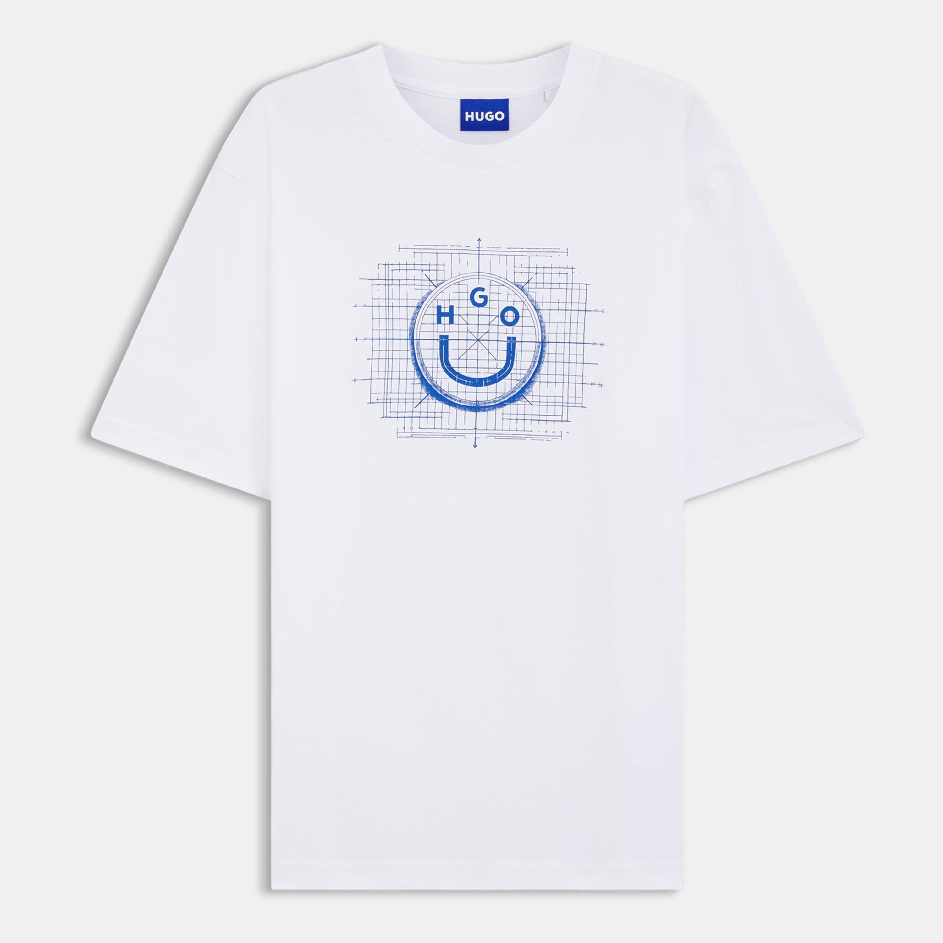 White 100 - Hugo - Mens HUGO Namerix Graphic Top with Logo Artwork Detail