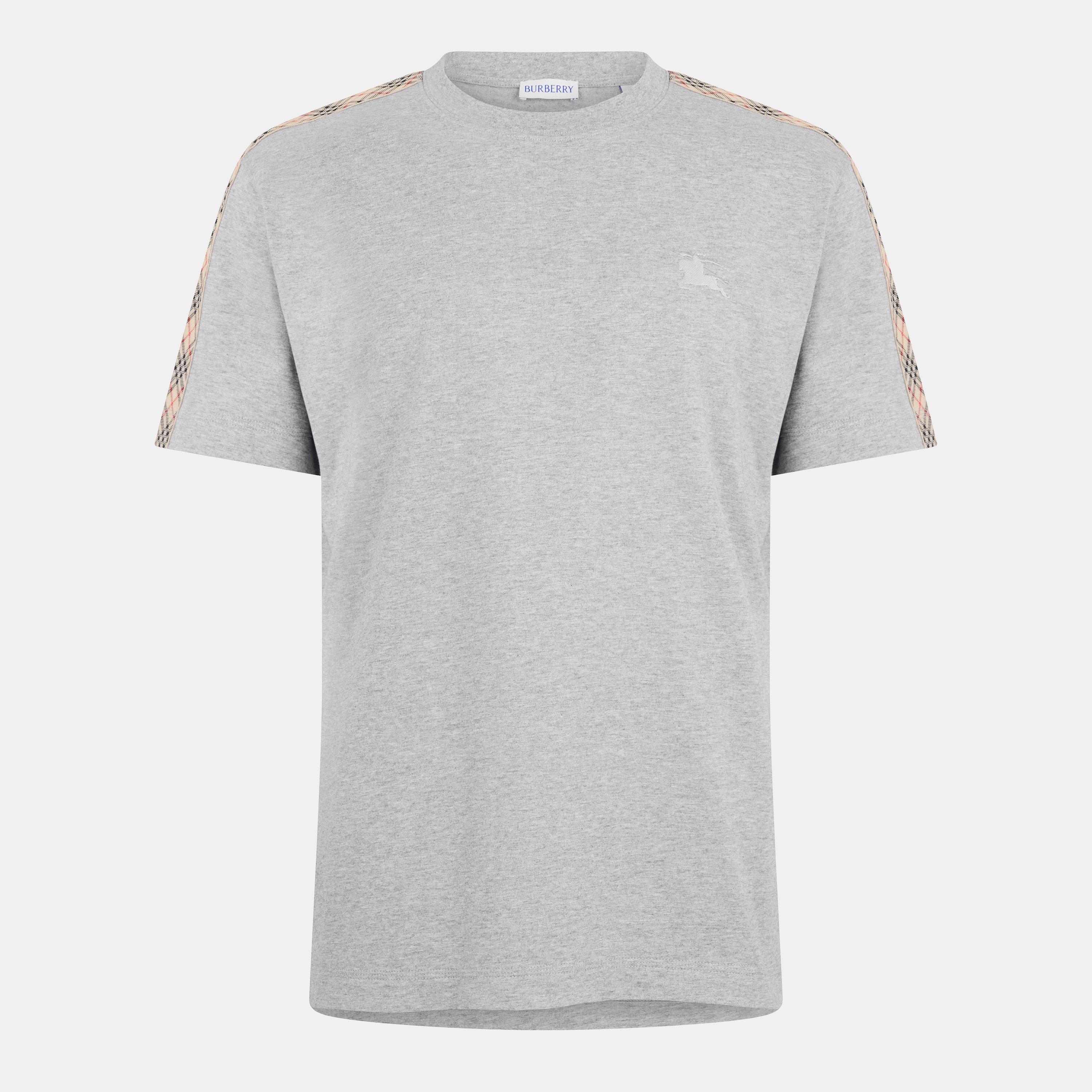 Burberry Mens Check Trim Cotton T-Shirt - Grey - M