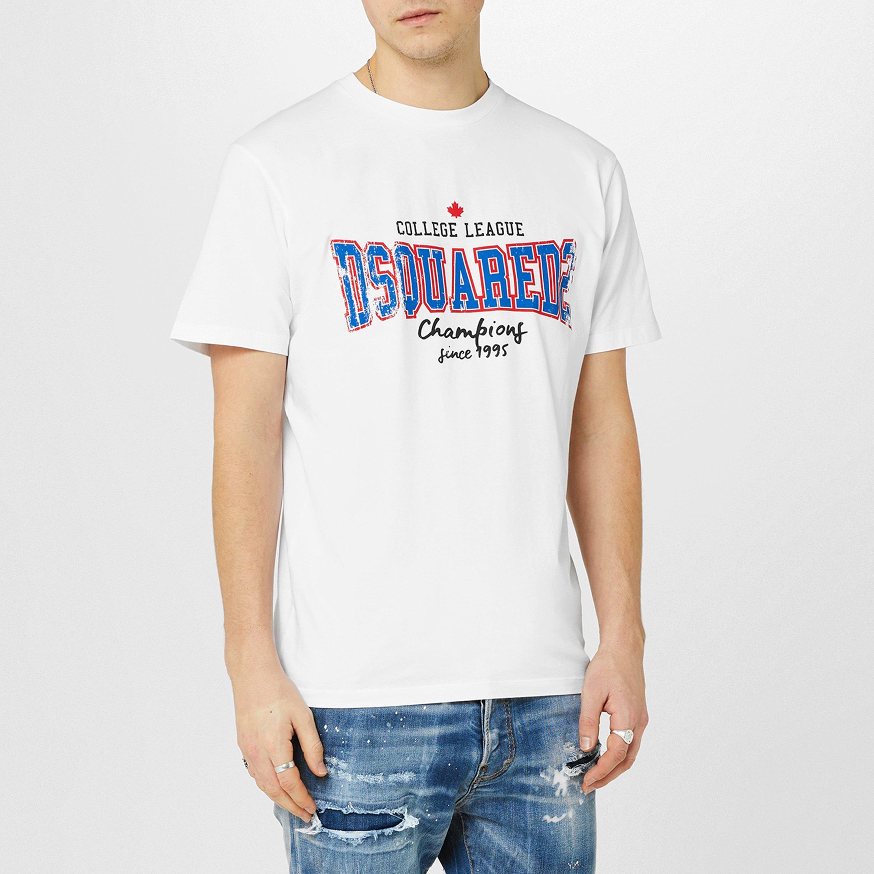 White - DSquared2 - College Print Cotton T-Shirt - 3