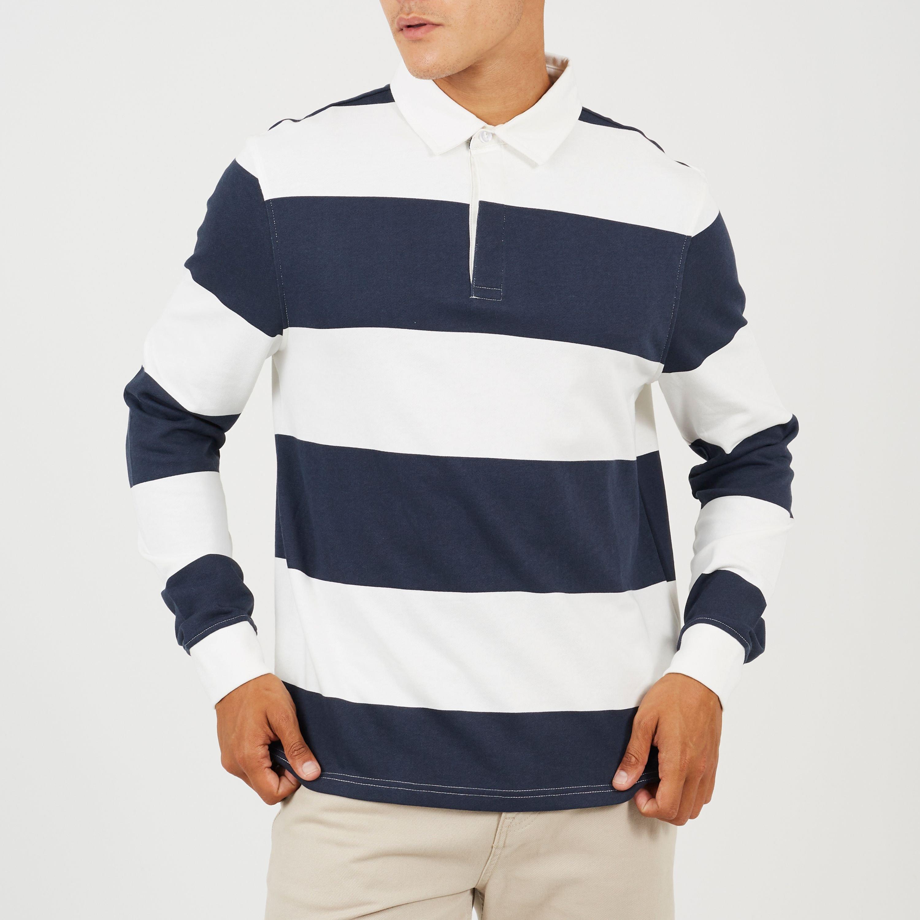 Cream/Navy - Brave Soul - Mens Long Sleeve Striped Rugby Shirt - 1