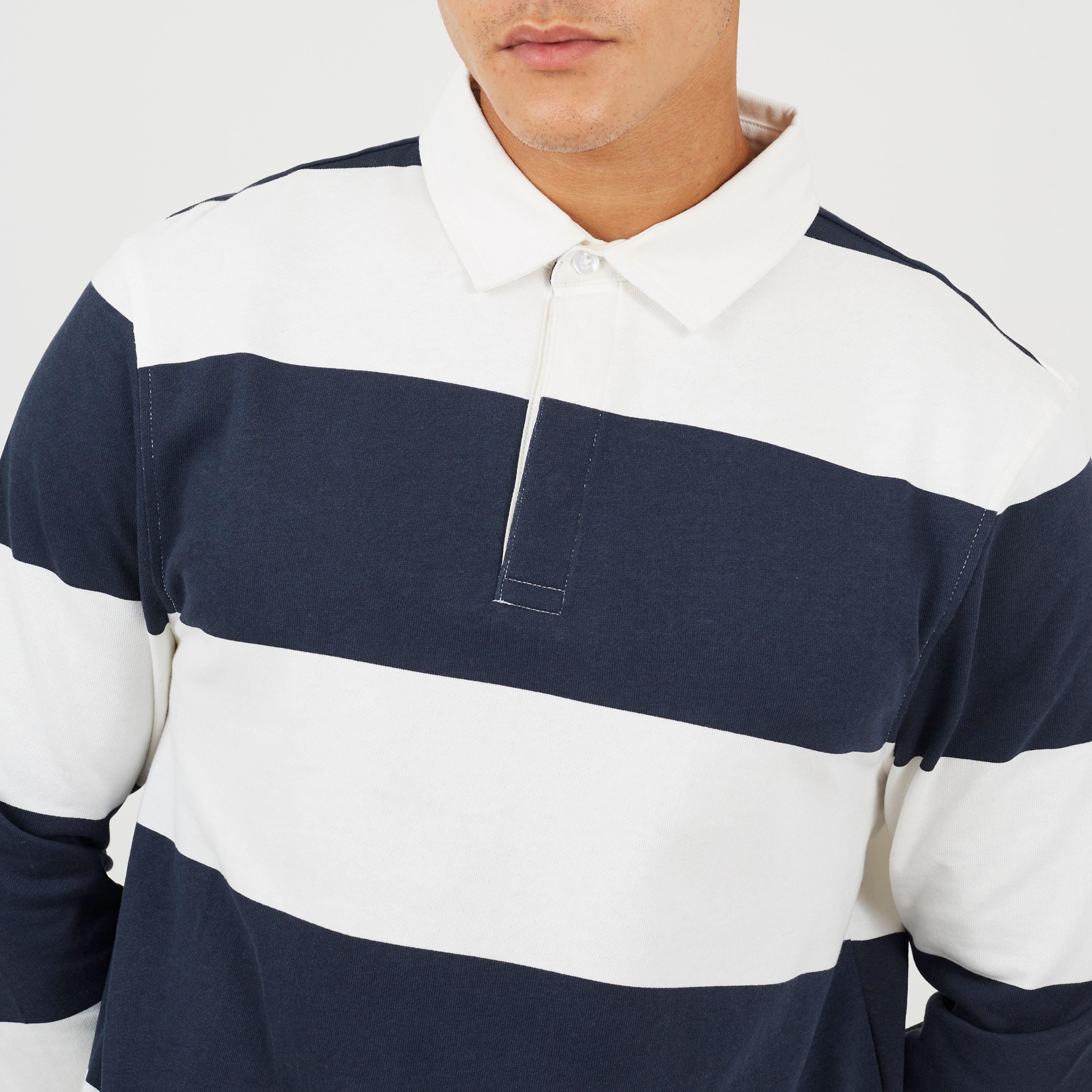 Cream/Navy - Brave Soul - Mens Long Sleeve Striped Rugby Shirt - 3
