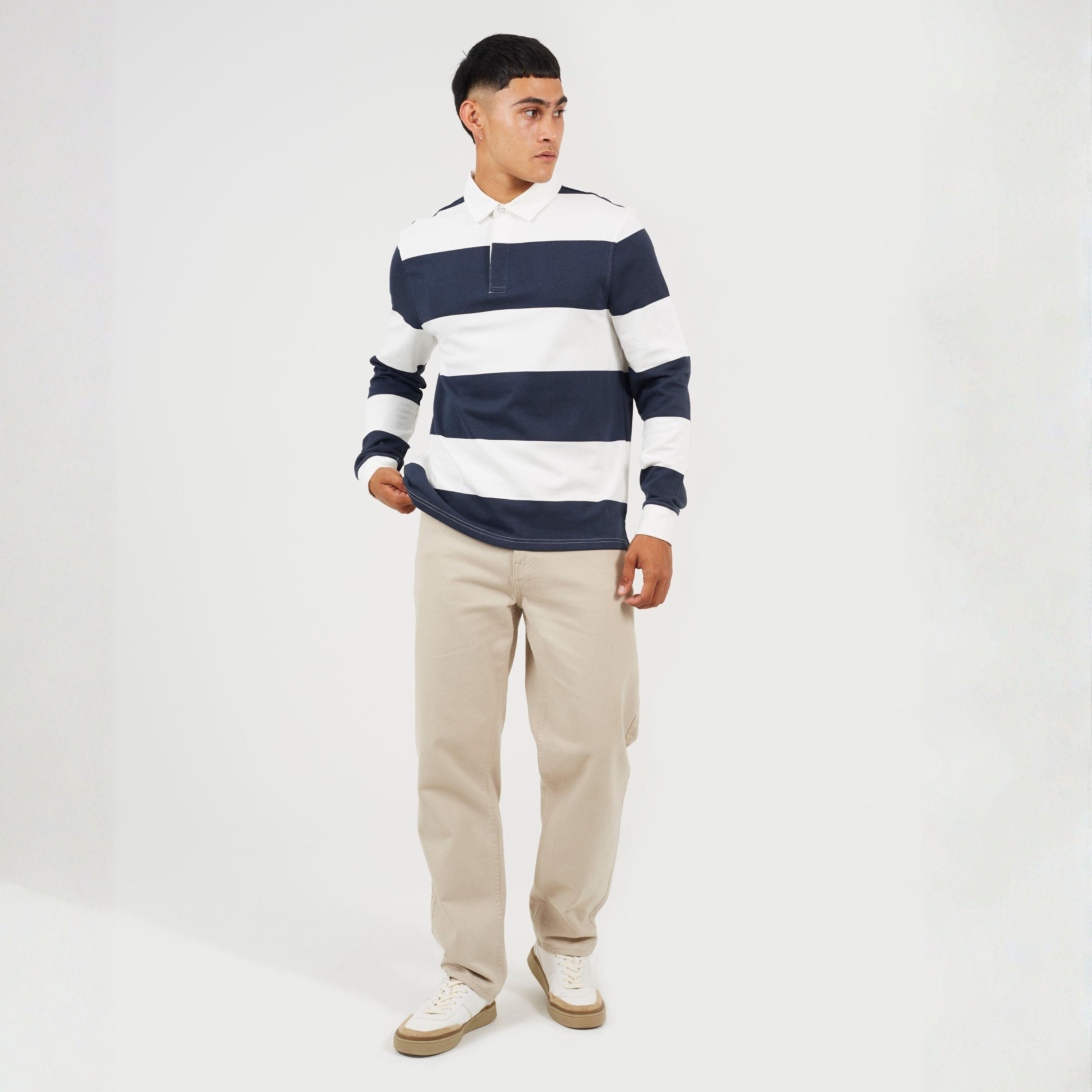 Cream/Navy - Brave Soul - Mens Long Sleeve Striped Rugby Shirt - 4
