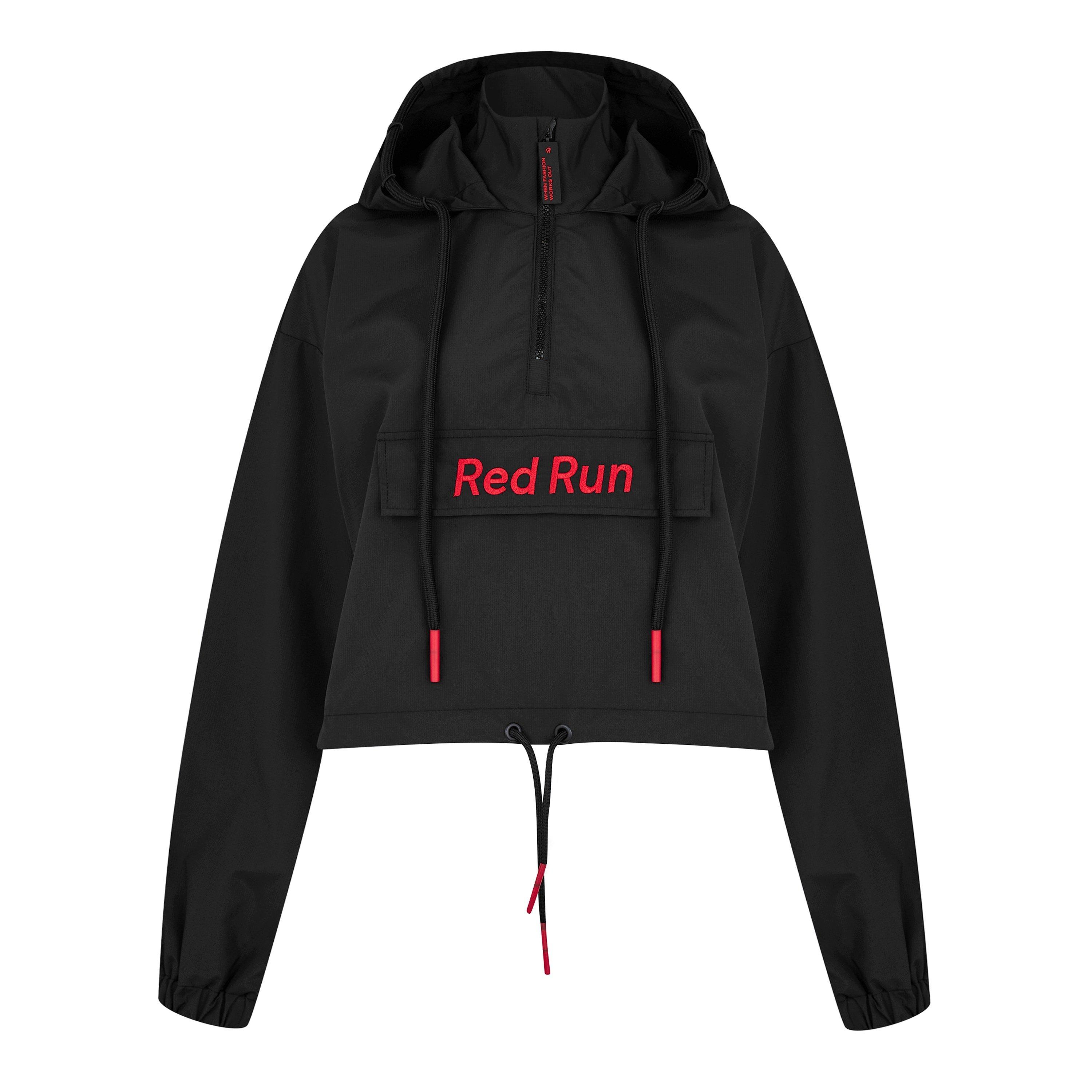 Black Inky - Red Run - Women's Inky Cropped Hooded Quarter-Zip Windbreaker - 7