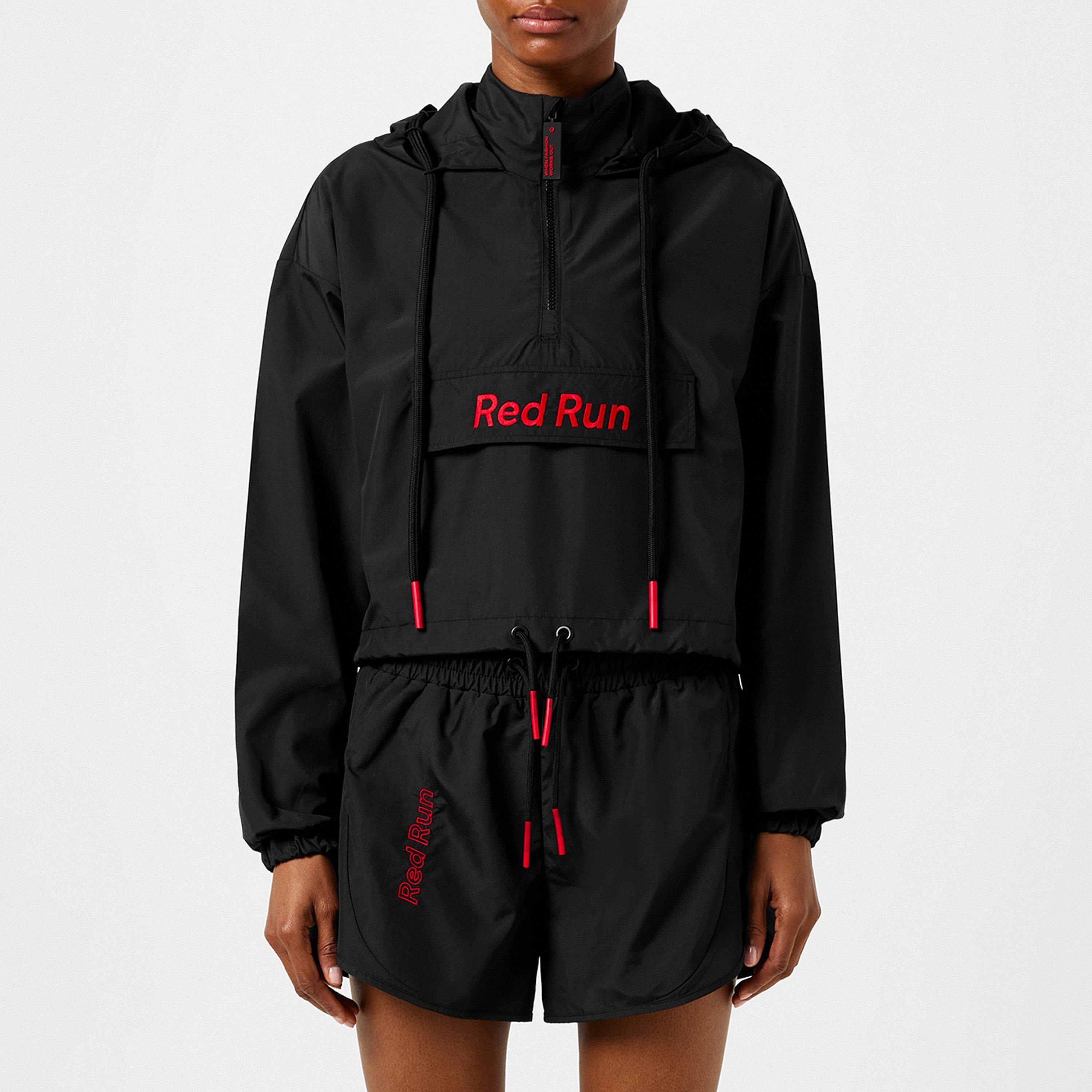 Black Inky - Red Run - Women's Inky Cropped Hooded Quarter-Zip Windbreaker - 3