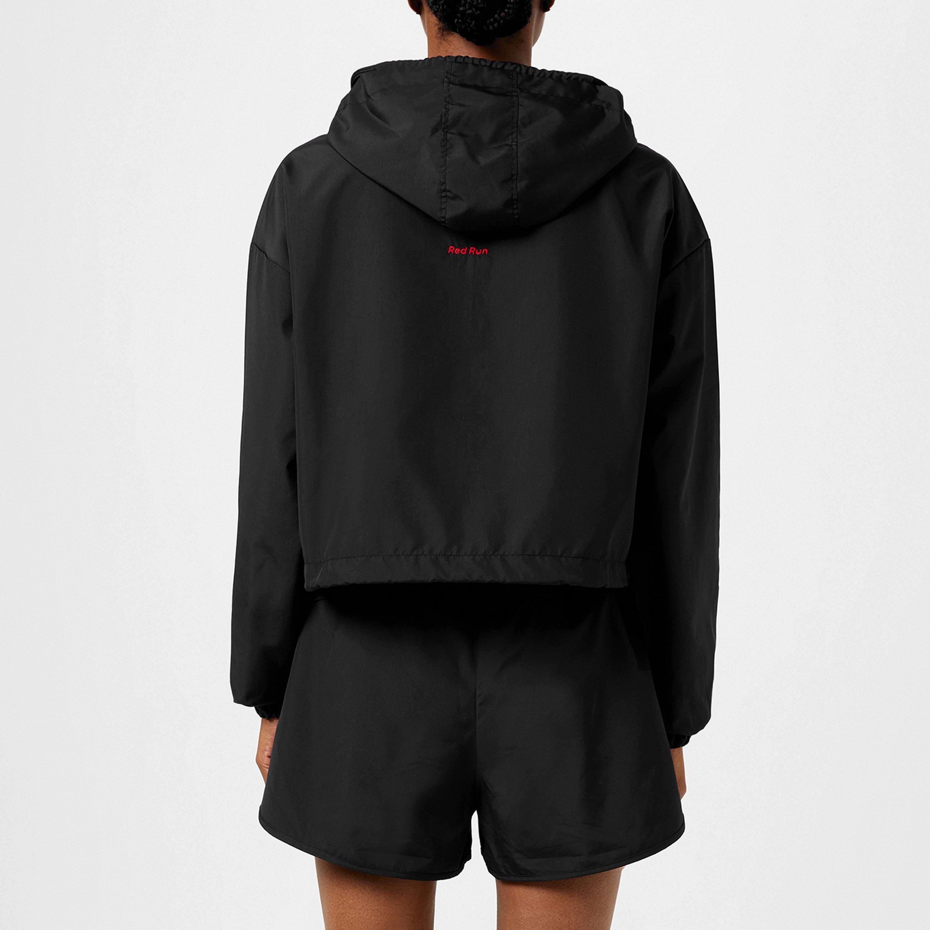 Black Inky - Red Run - Women's Inky Cropped Hooded Quarter-Zip Windbreaker - 4