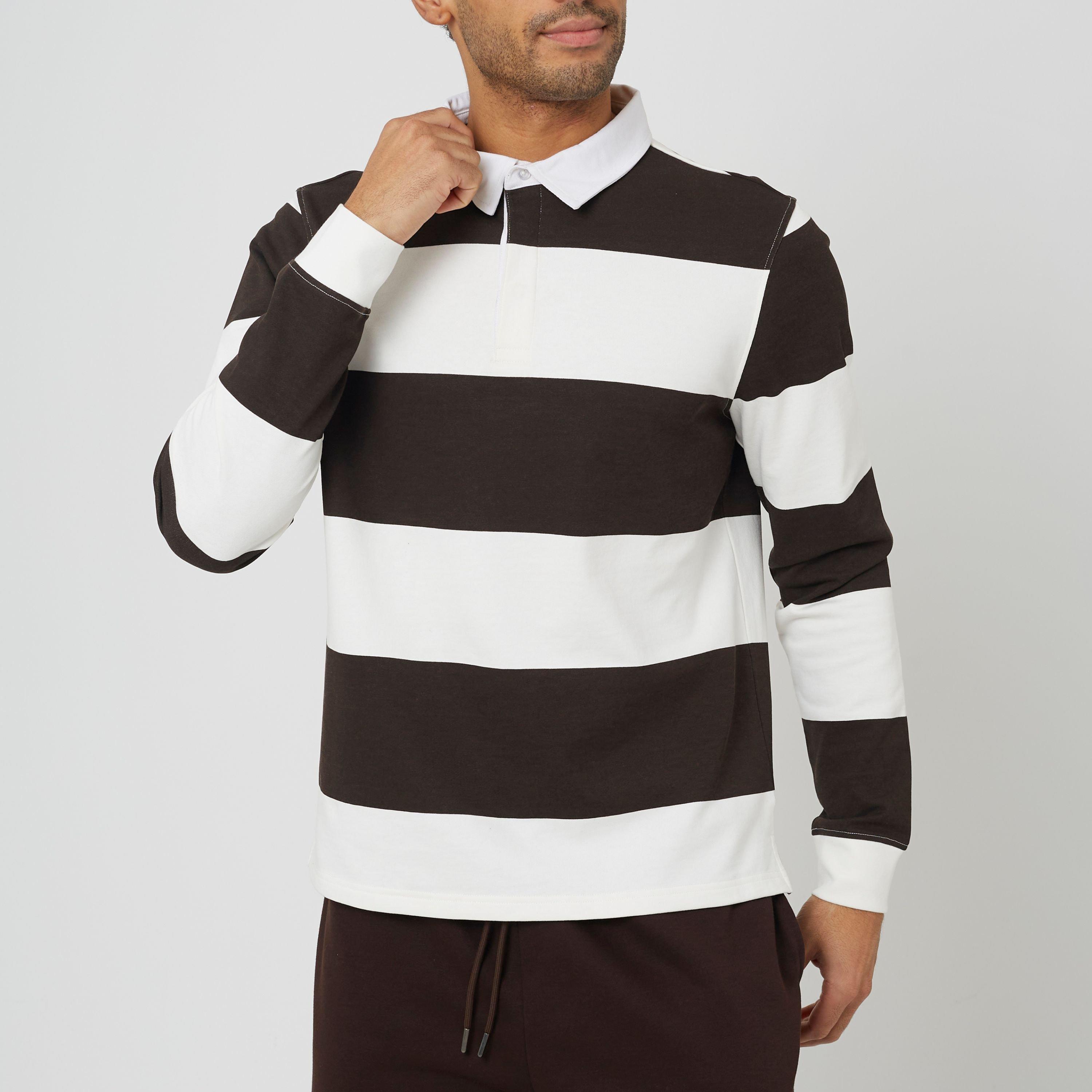 Cream/Brown - Brave Soul - Men's Long Sleeve Rugby Polo Shirt - 1