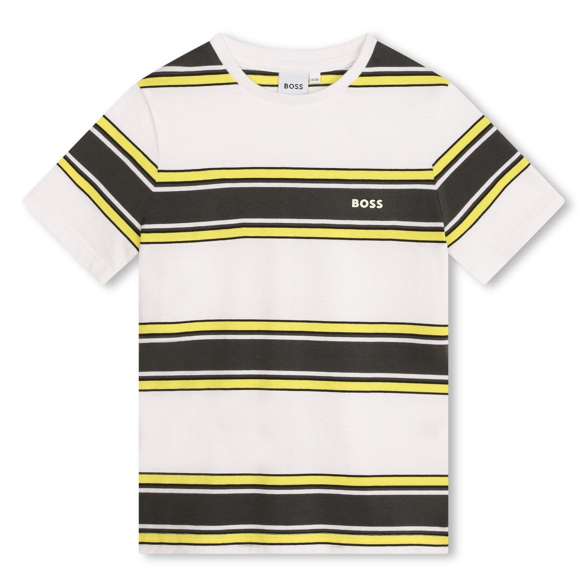 Yellow N05 - Boss - Kids' Striped Cotton Short Sleeve Crew Neck T-Shirt - 1