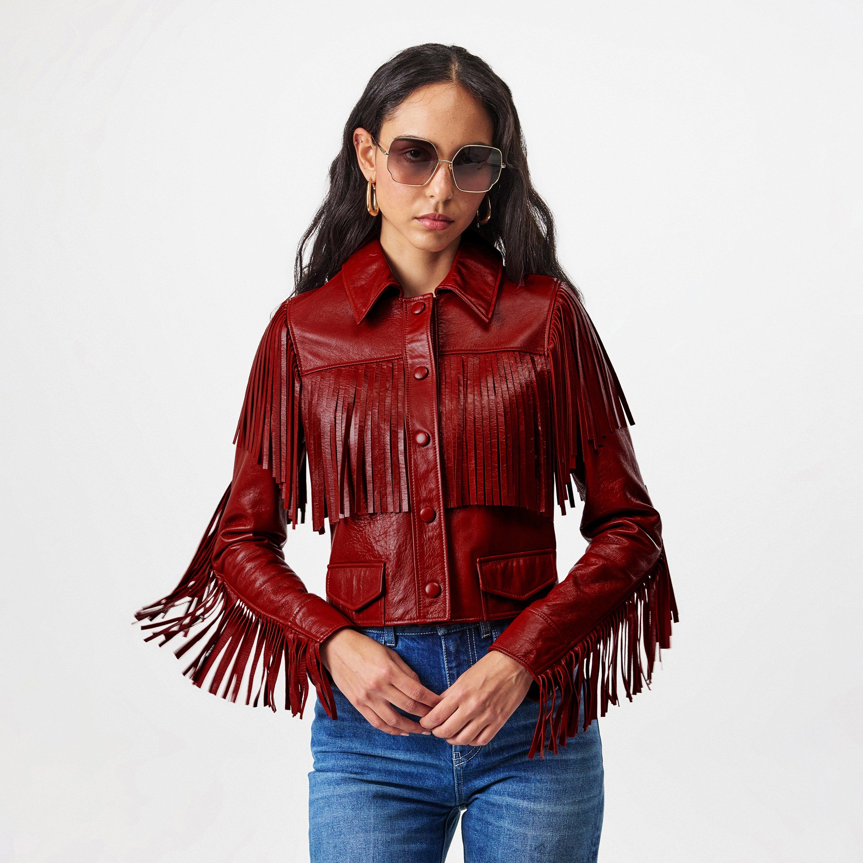 Plaid Red - Chloe - Fringe Leather Jacket - 3