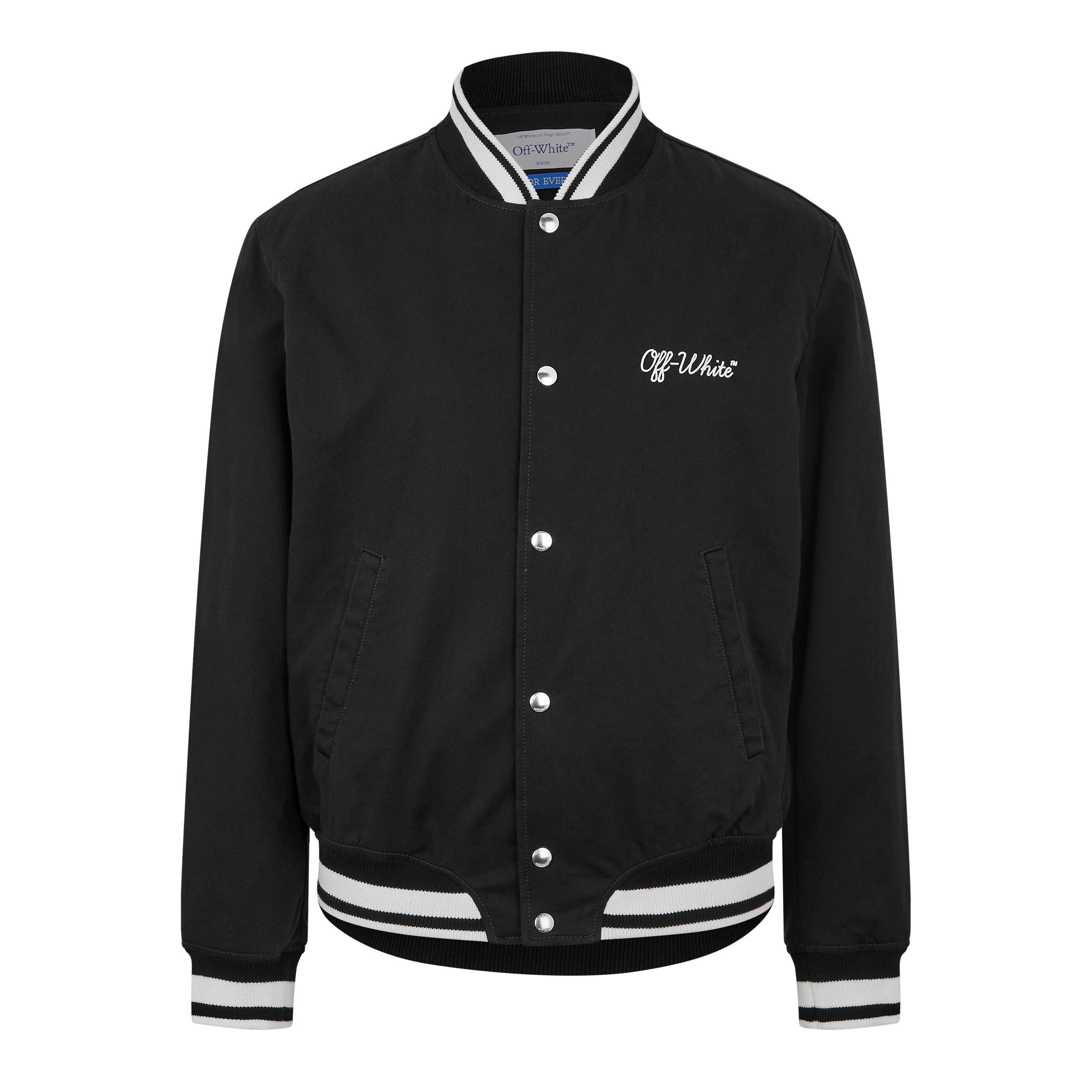 Black - Off White - Men's Script Cotton Long Sleeve Varsity Jacket - 1