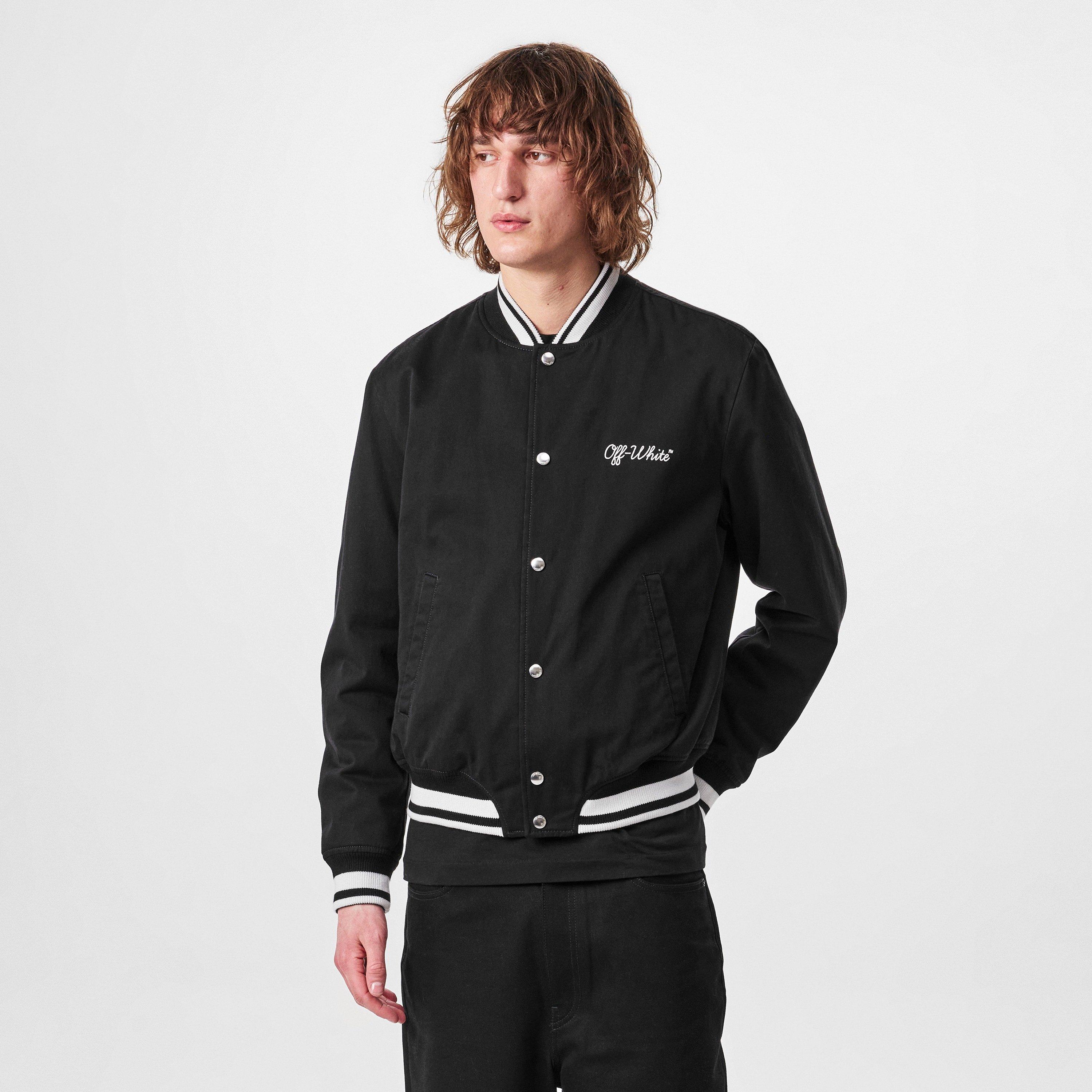 Black - Off White - Men's Script Varsity Jacket, Logos - 3