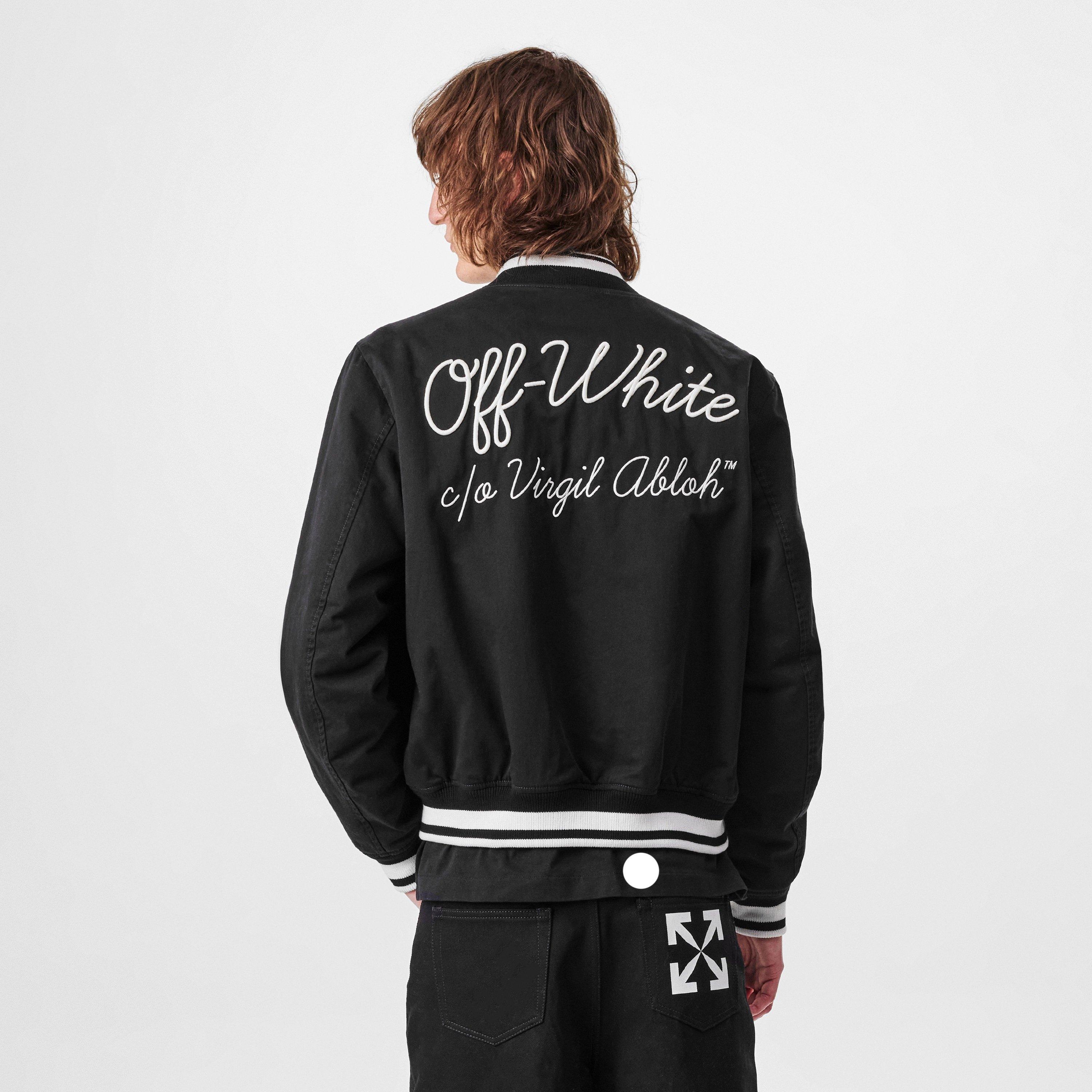 Black - Off White - Men's Script Varsity Jacket, Logos - 4