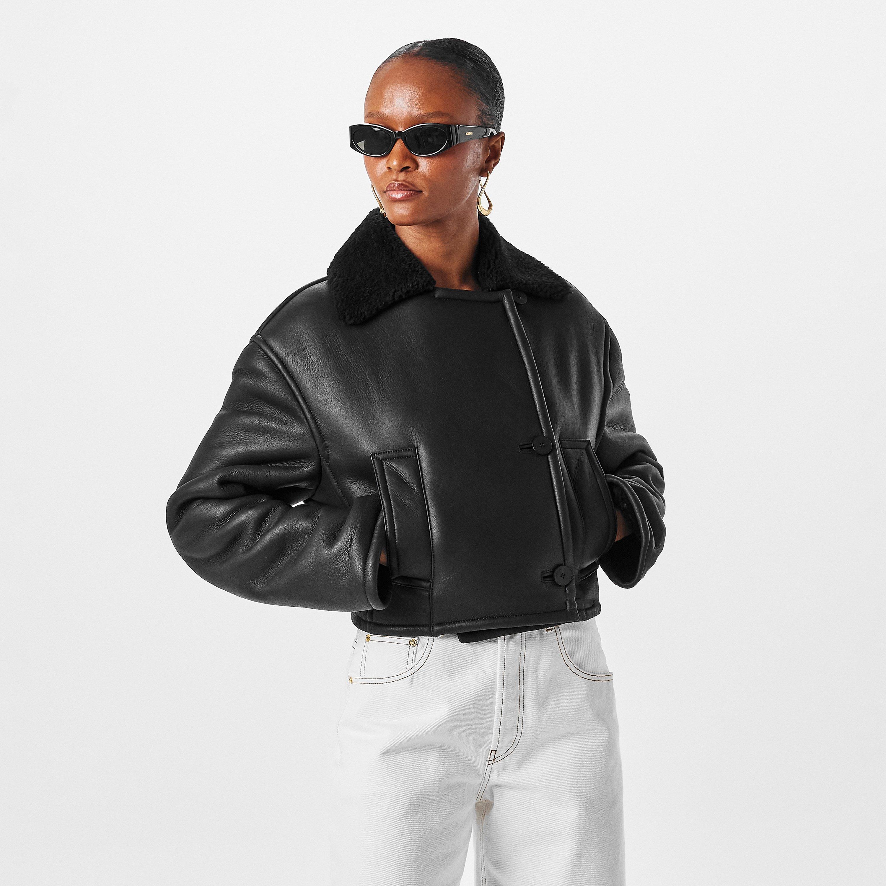 Black - Jacquemus - Women's Marino Blouson Long Sleeve Lamb Leather Jacket - 3